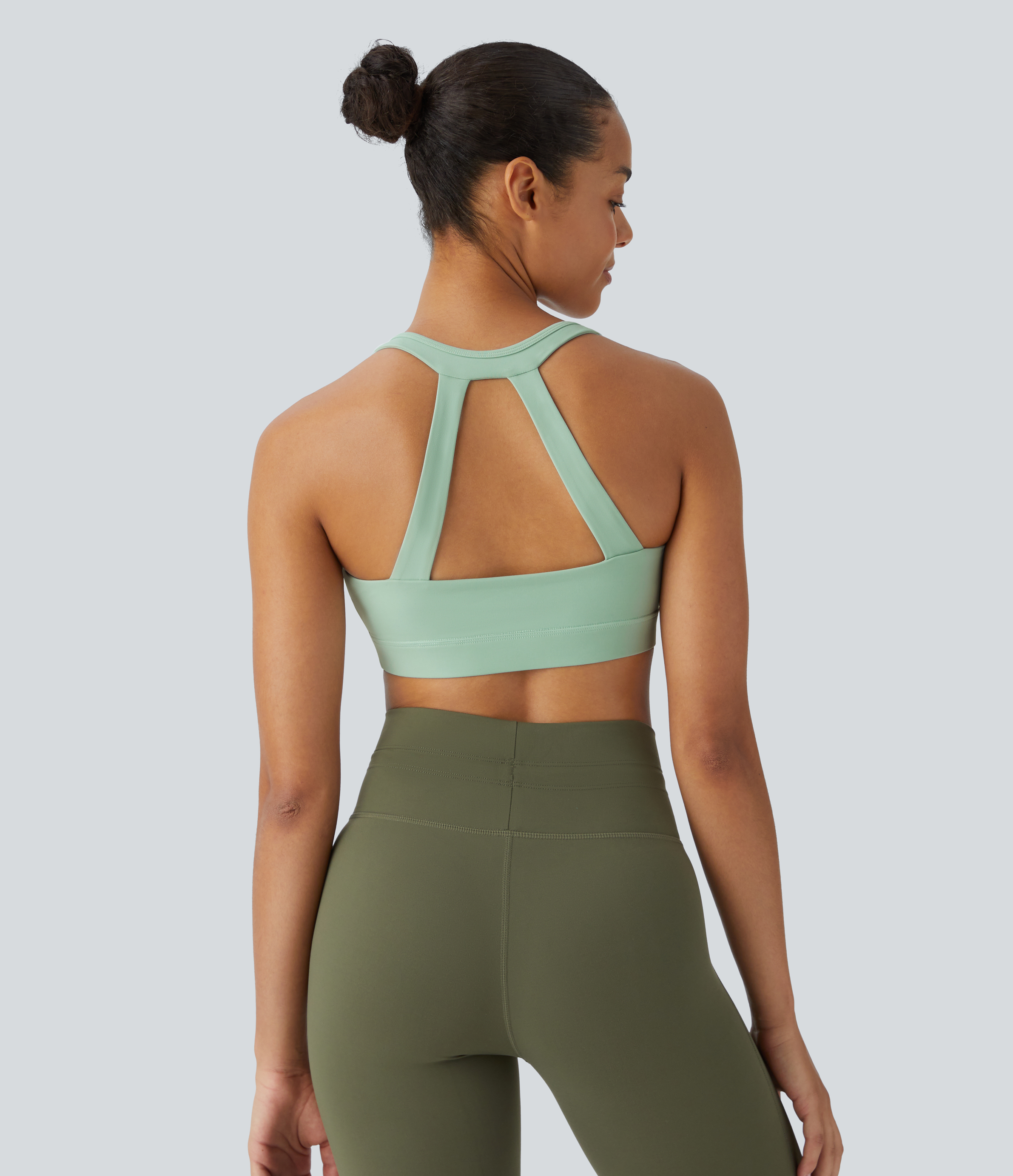 Halara Softlyzeroв„ў Plush Low Support Backless Ruched Color Block Yoga Sports Bra  - Subtle Green - S push up bra strapless bra backless bra 