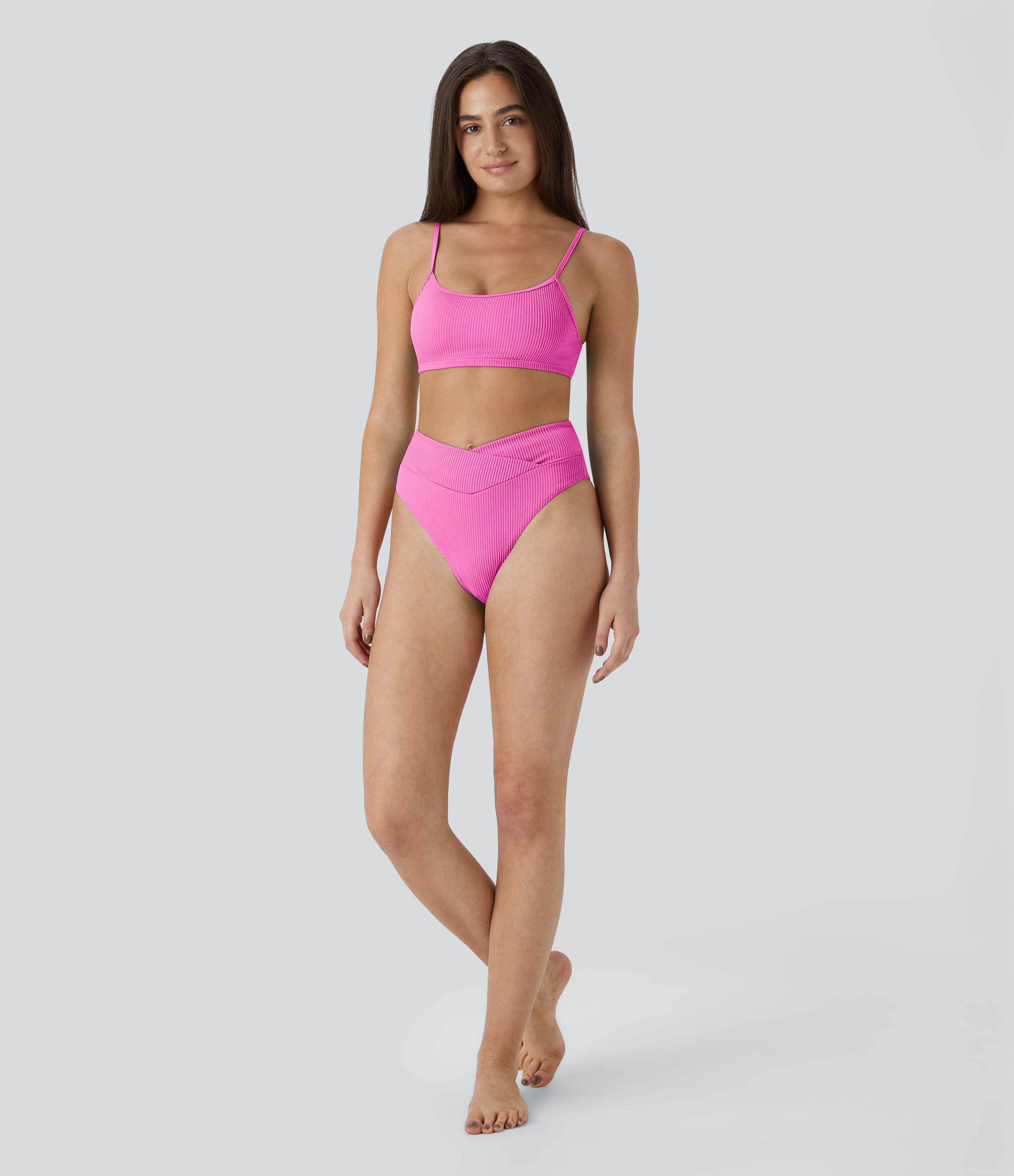 Halara Ribbed Adjustable Strap Backless Bikini Top Swimsuit  - Fedora Red Purple - M 
