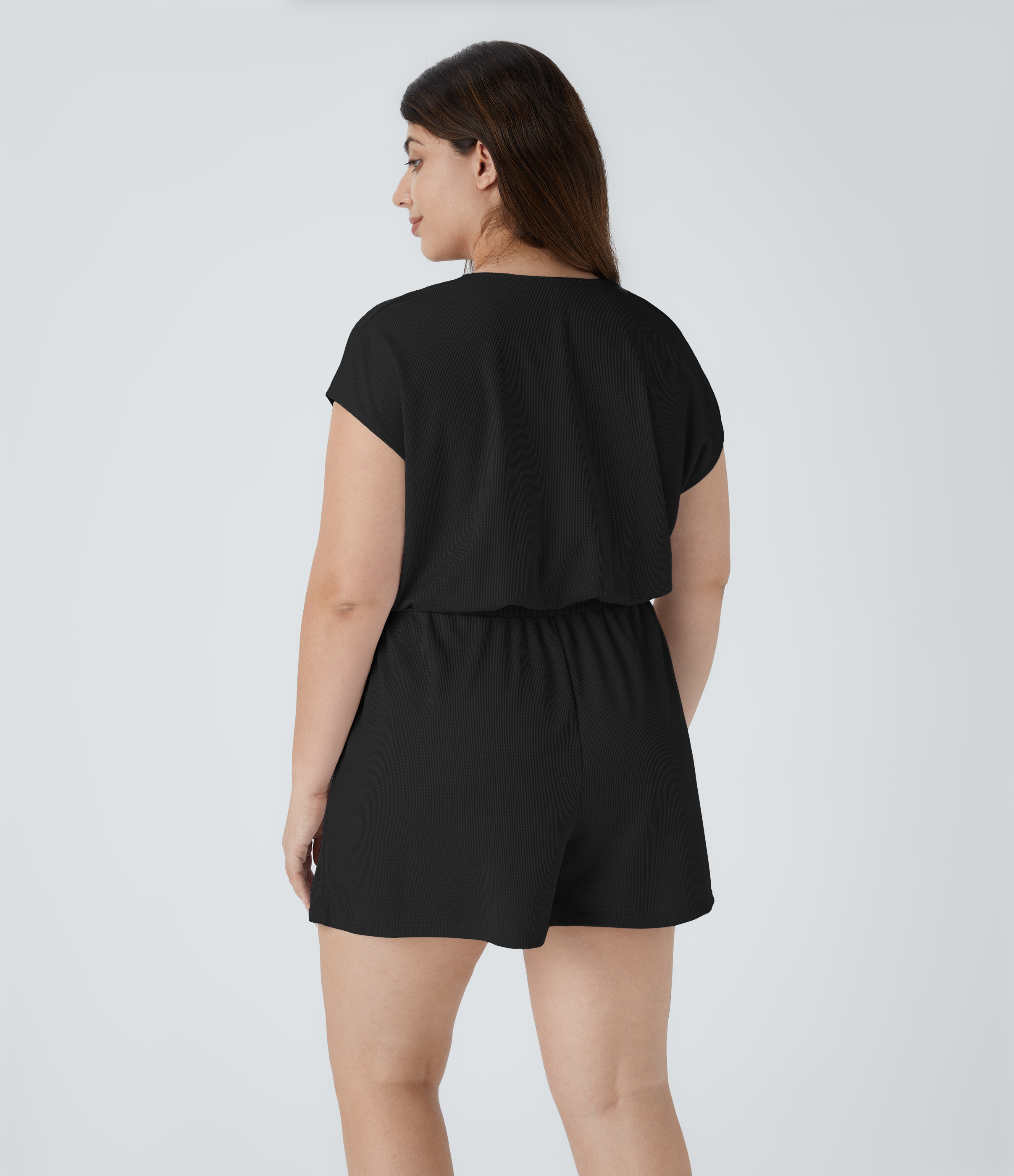Black Mono talla grande cuello V manga corta bolsillo lateral plisado / 2