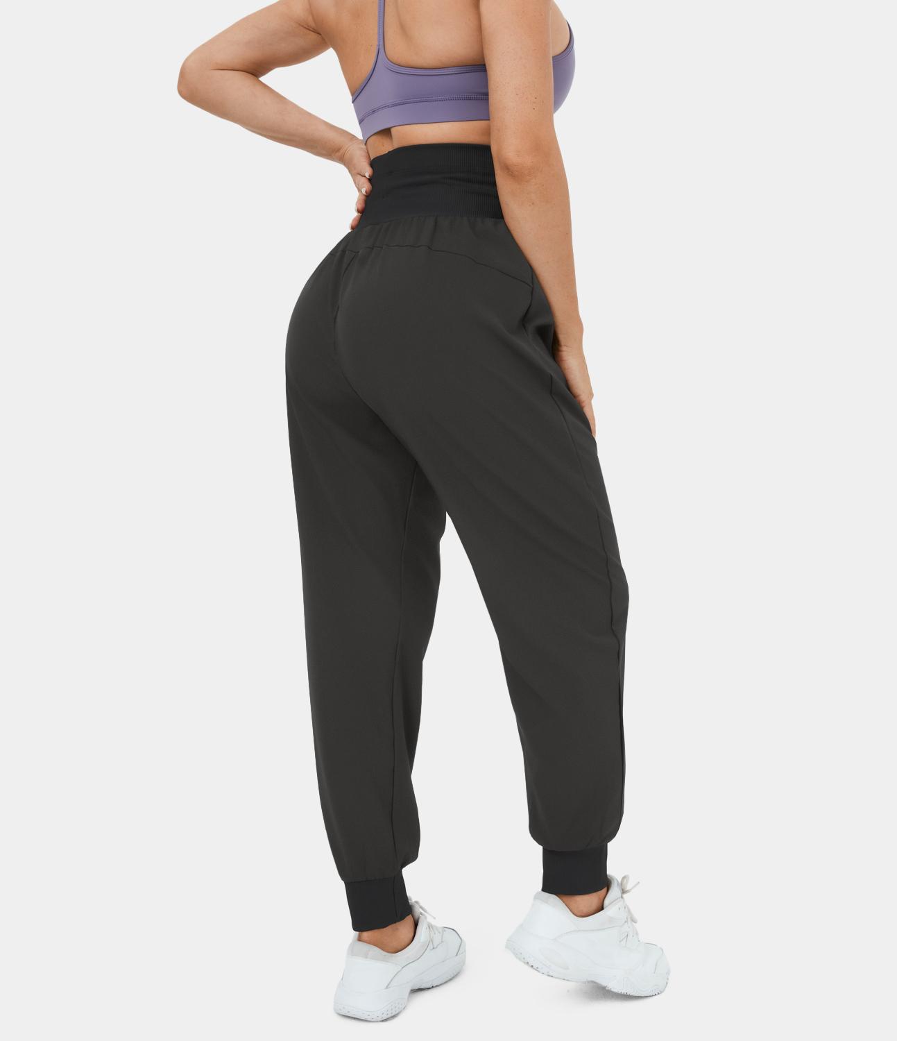 Halara High Waisted Wide Waistband Drawstring Ribbed Casual Joggers  - Black - XS 