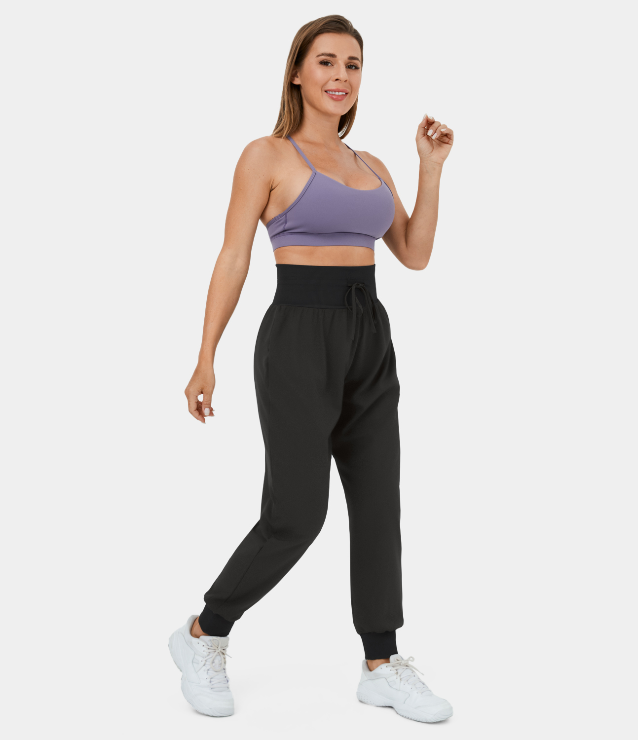 Halara High Waisted Wide Waistband Drawstring Ribbed Casual Joggers  - Black - XS 