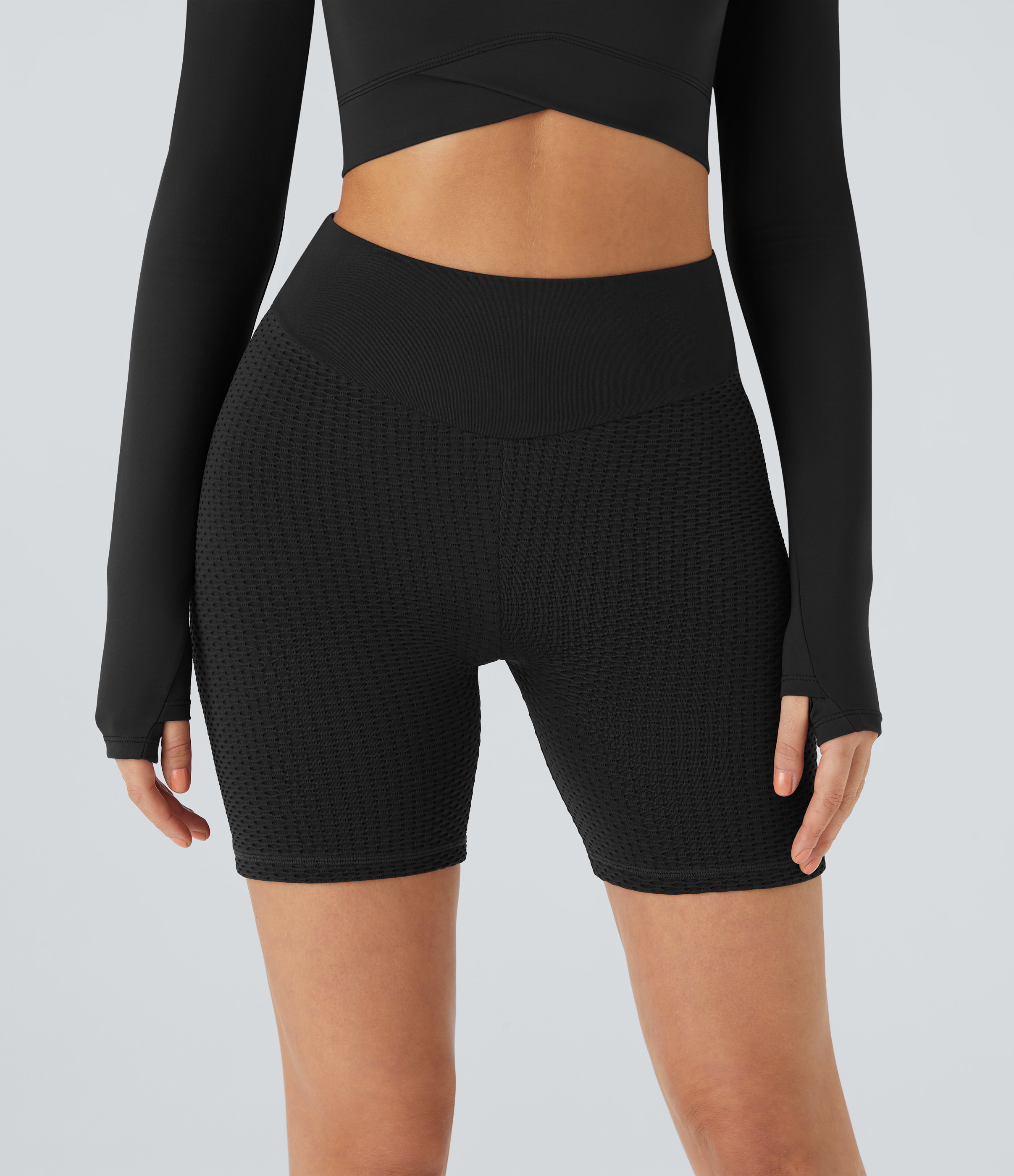 Halara Seamless Flow High Waisted V Shaped Waistband Ruched Jacquard Biker Shorts  - Black - L biker shorts women black biker shorts 