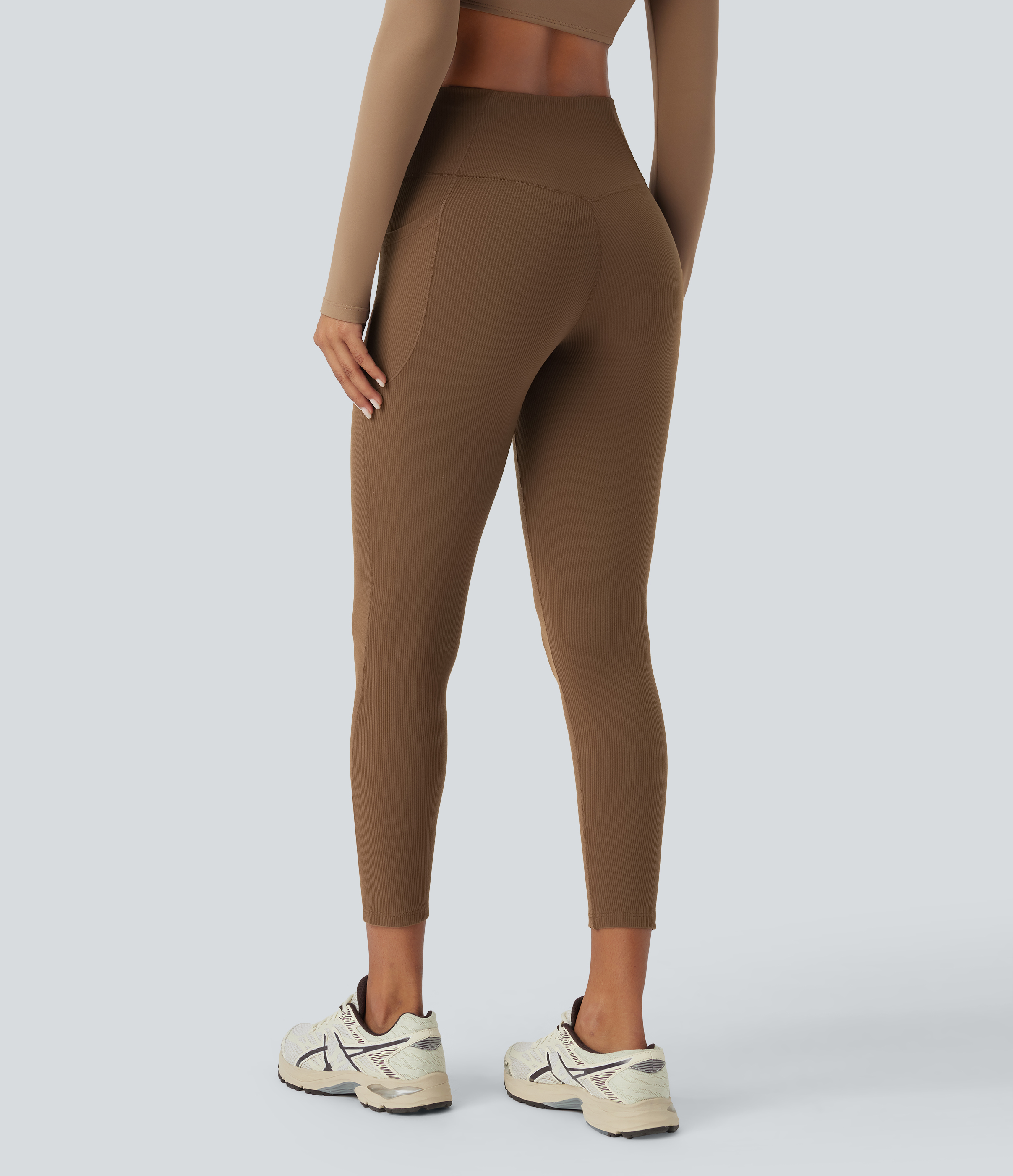 Halara Softlyzeroв„ў Ribbed High Waisted Tummy Control Crossover Side Pocket Plain Yoga 7/8 Leggings  - Toffee - S(7/8) gym leggings 