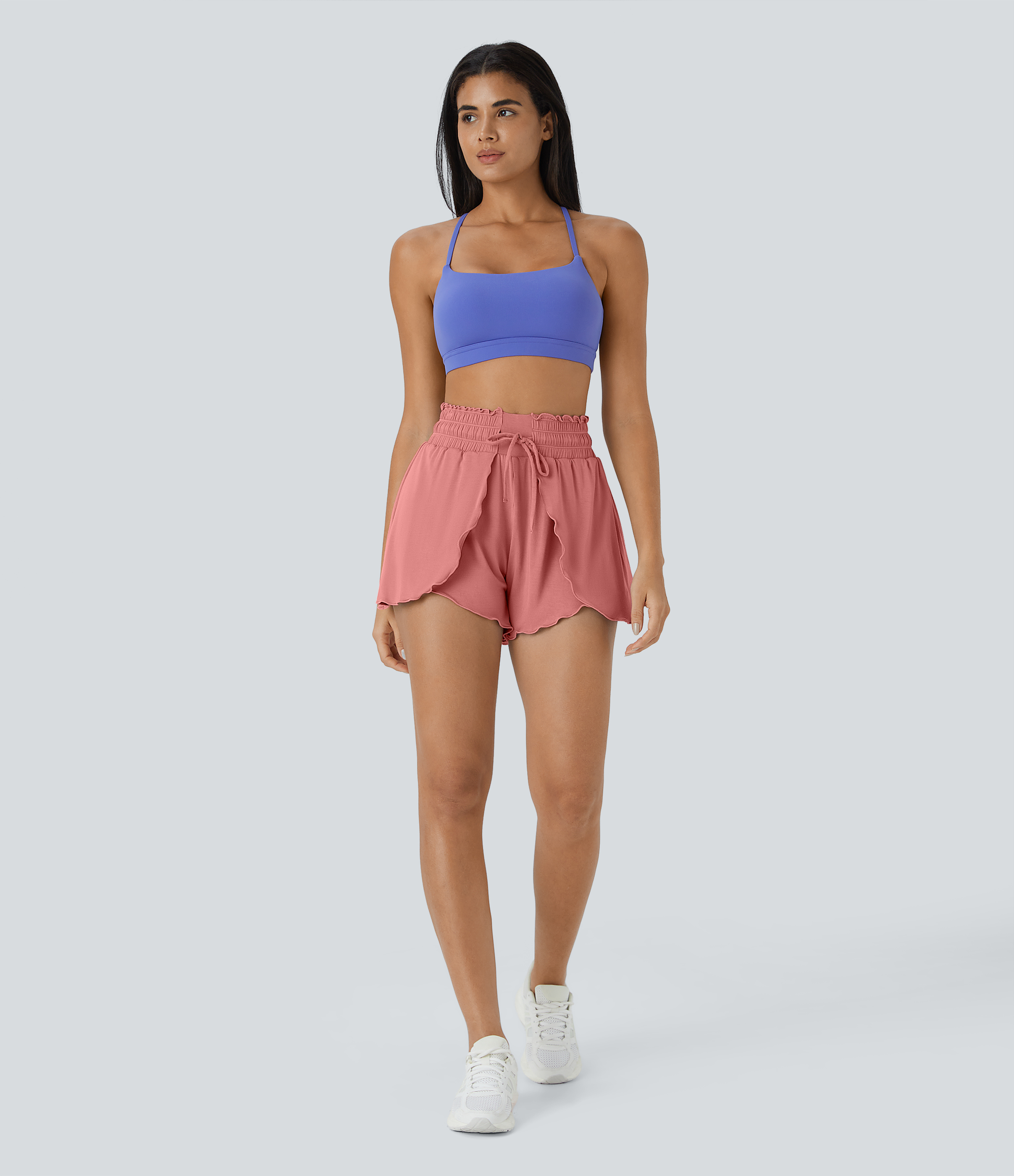 Halara Frill High Waisted Elastic Waistband Drawstring Flowy Stacked Casual Shorts 3