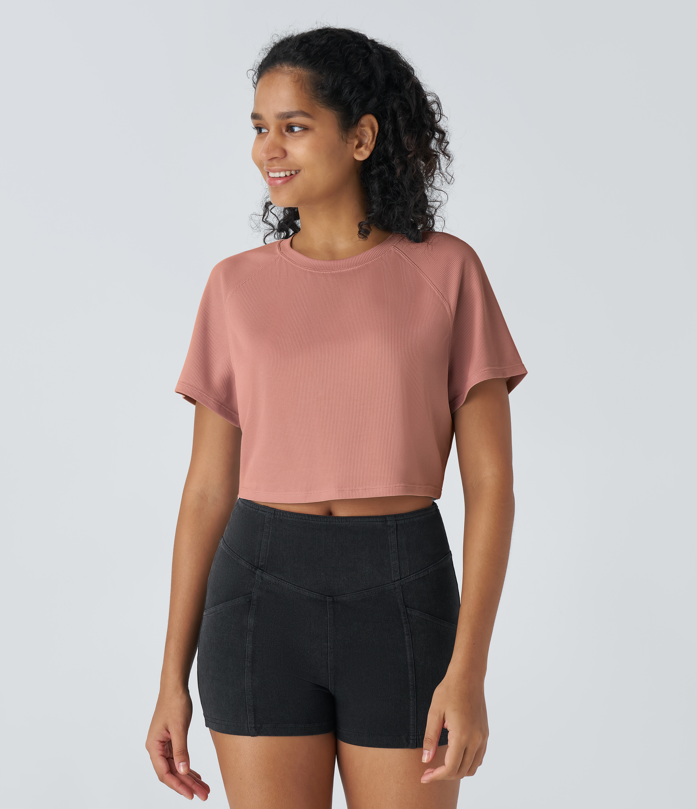 Halara Raglan Sleeve Solid Cropped Waffle Casual Tee  - Rose Dawn - XS 