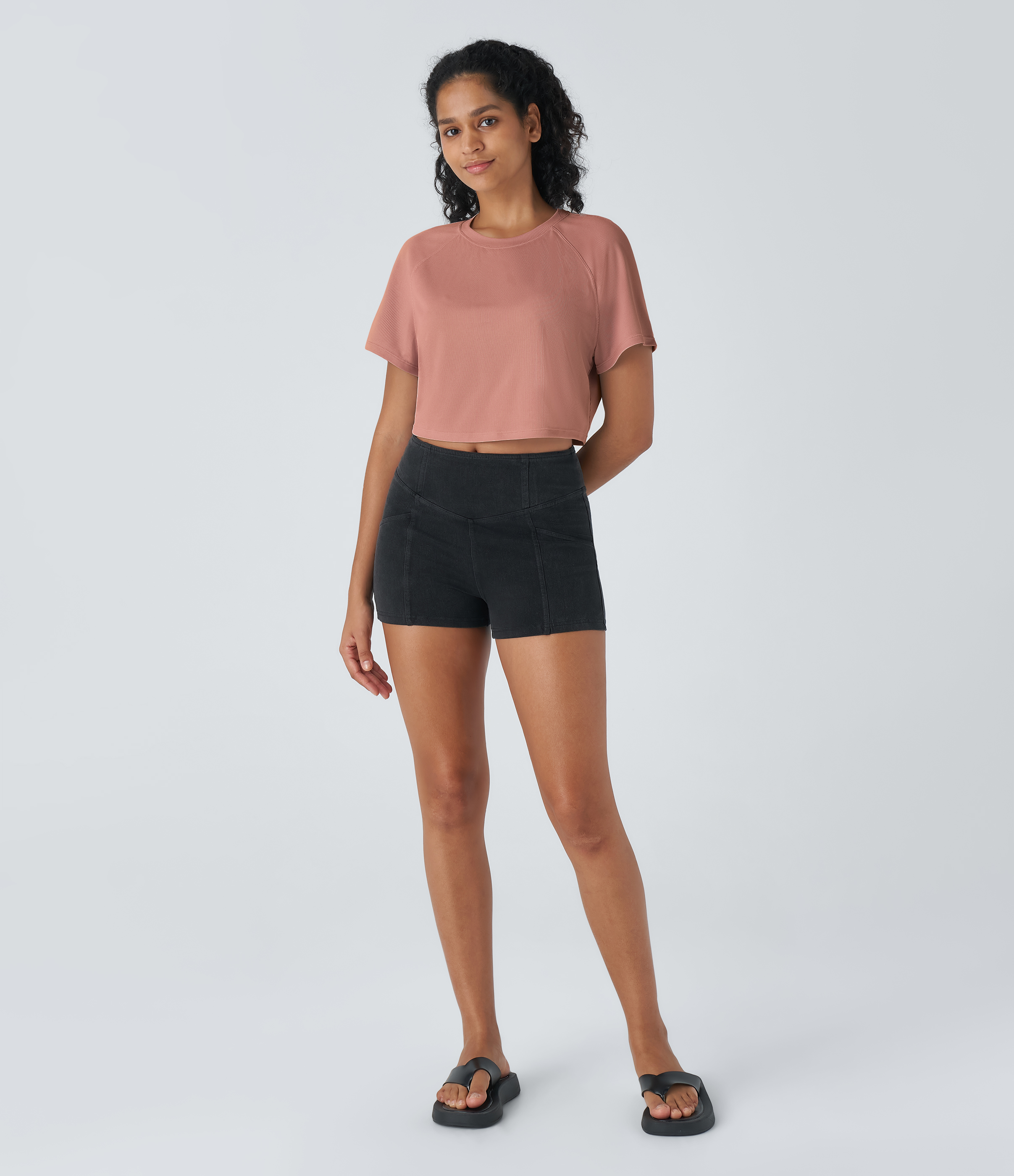 Halara Raglan Sleeve Solid Cropped Waffle Casual Tee  - Rose Dawn - XS 