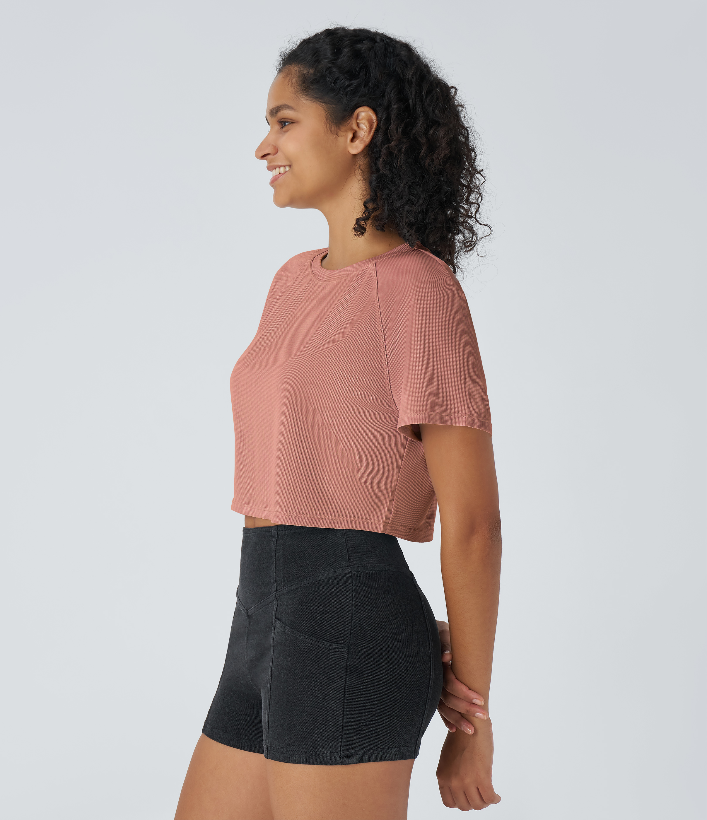 Halara Raglan Sleeve Solid Cropped Waffle Casual Tee  - Rose Dawn - XS 
