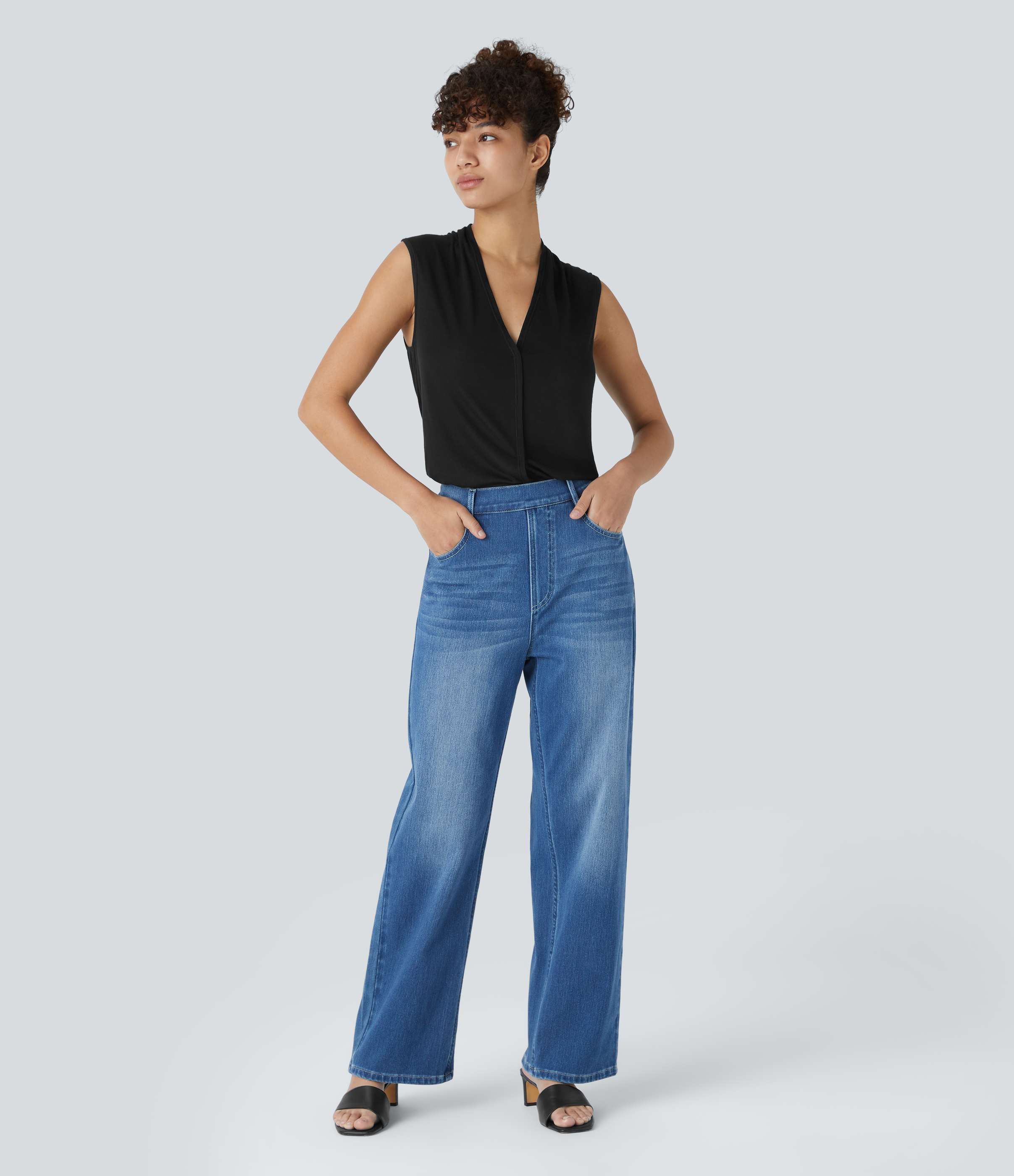 Halara V Neck Sleeveless Split Hem Solid Casual Top Tank Top - Black - XS golf tops halter top tunic tops sleeveless tops backless top 
