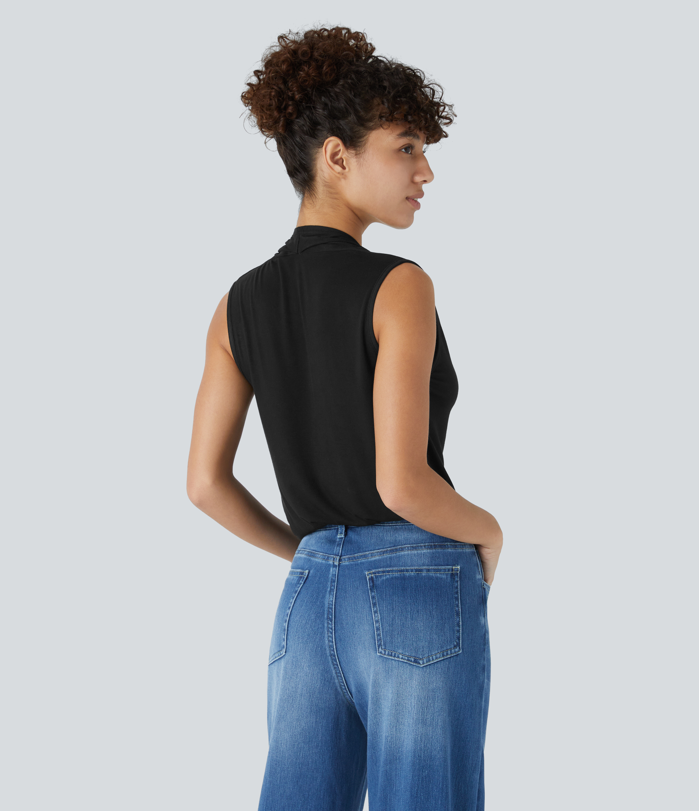 Halara V Neck Sleeveless Split Hem Solid Casual Top Tank Top - Black - XS golf tops halter top tunic tops sleeveless tops backless top 