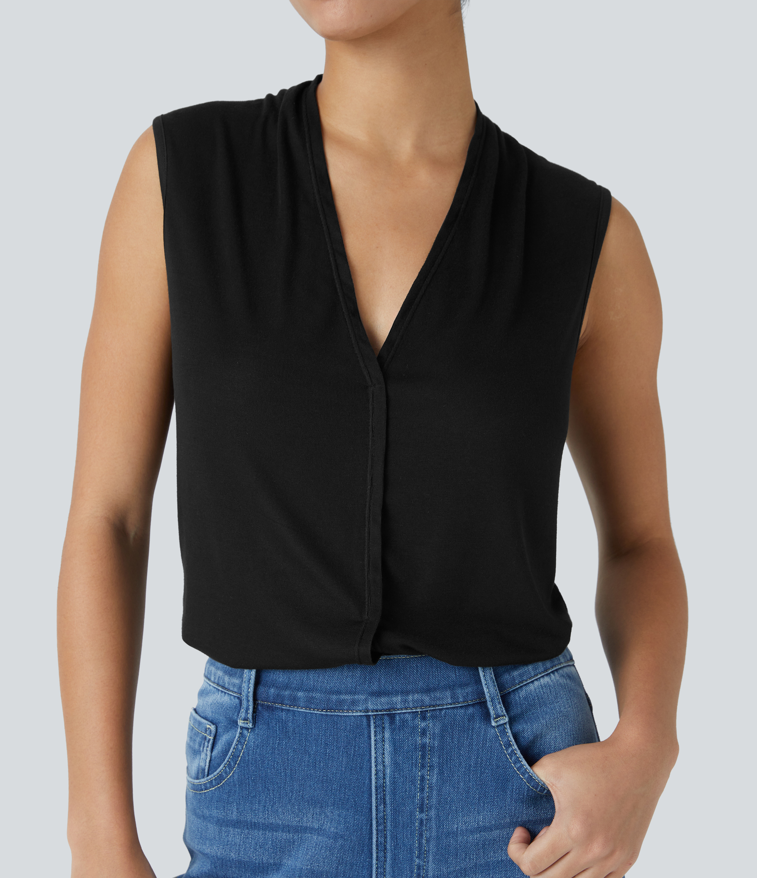 Halara V Neck Sleeveless Split Hem Solid Casual Top Tank Top - Black - XS golf tops halter top tunic tops sleeveless tops backless top 
