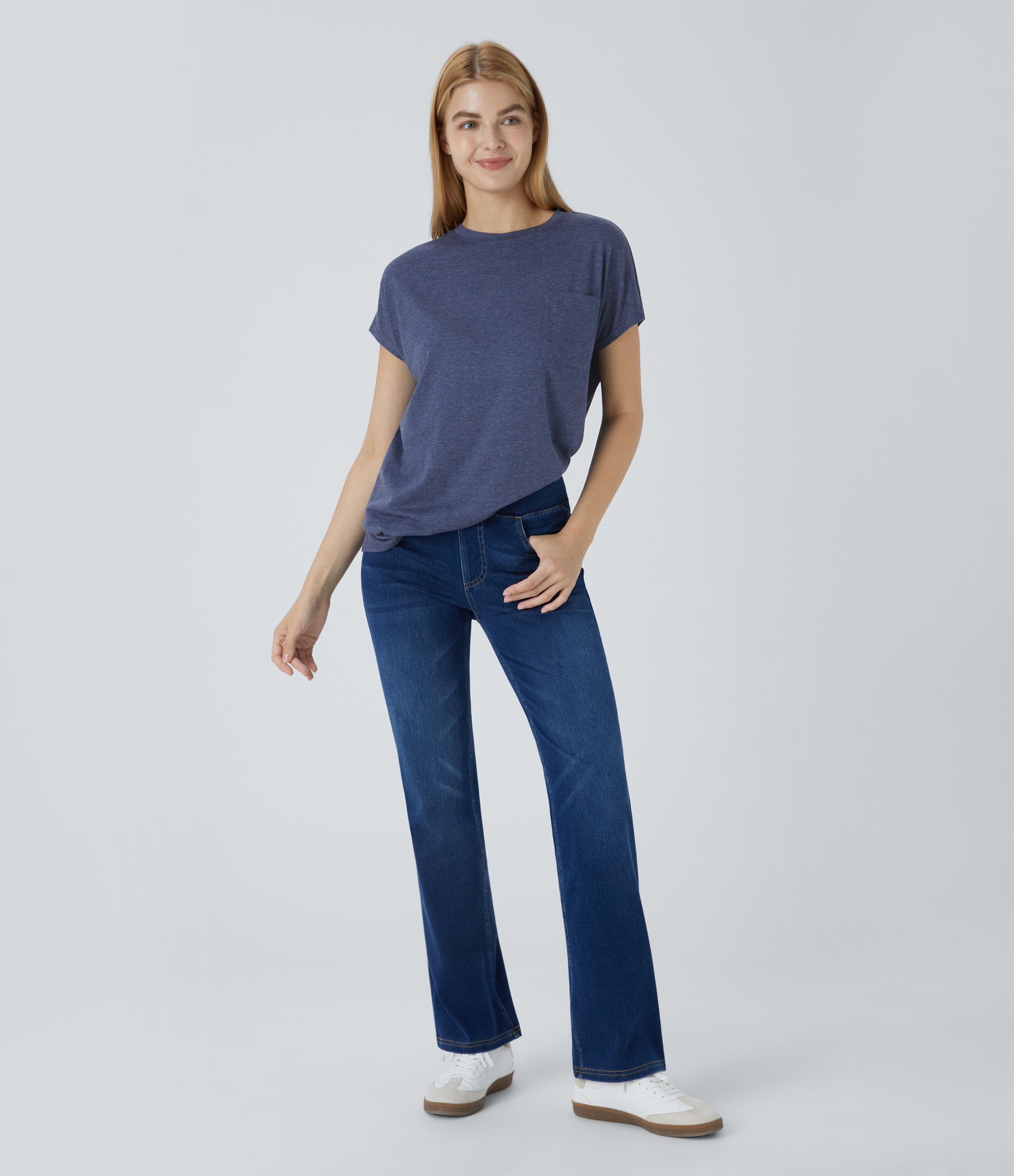 Halara Round Neck Chest Pocket Split Hem Relax Casual T-Shirt  - Mottled Indigo - XL 