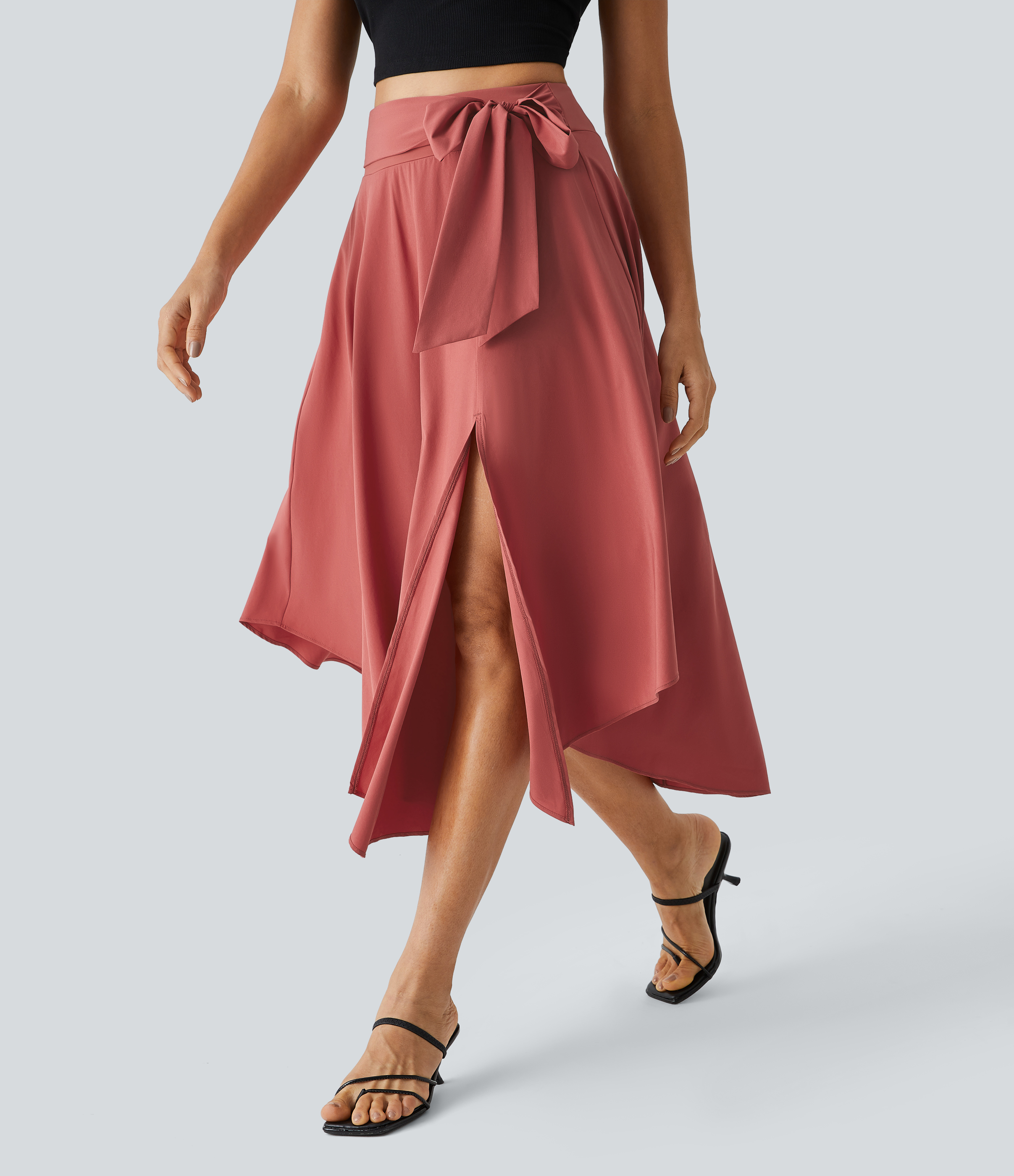 Halara Breezefulв„ў High Waisted Tie Side Split 2-in-1 Curved Hem Flowy Flare Quick Dry Midi Casual Skirt  - Flame Red - XL(regular) 