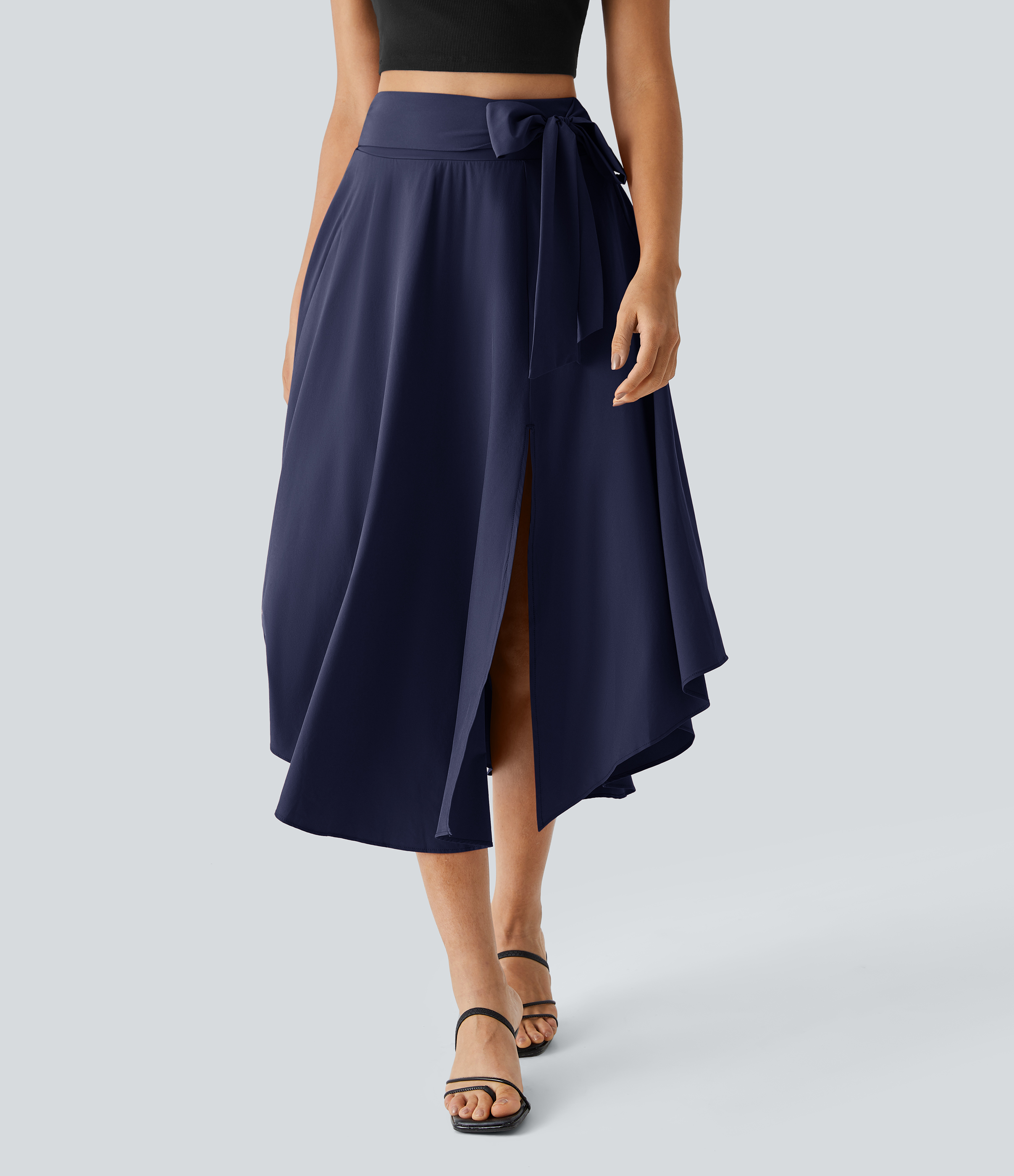 Halara Breezefulв„ў High Waisted Tie Side Split 2-in-1 Curved Hem Flowy Flare Quick Dry Midi Casual Skirt  - Black Diamond Blue - M(regular) 