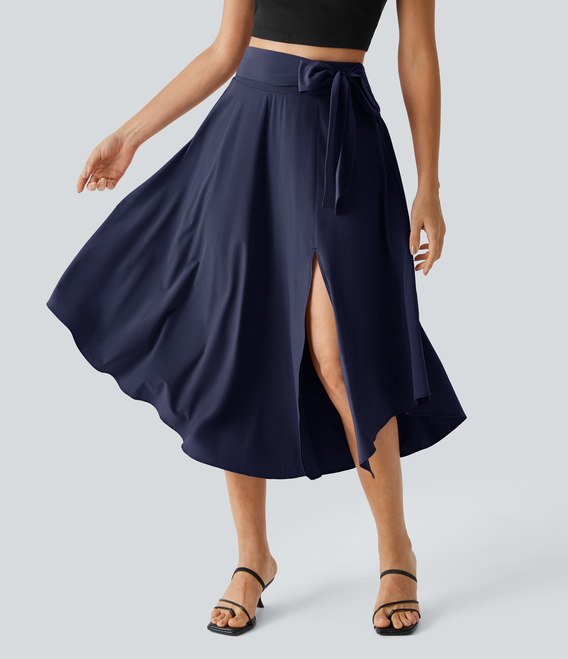 Halara Breezefulв„ў High Waisted Tie Side Split 2-in-1 Curved Hem Flowy Flare Quick Dry Midi Casual Skirt  - Black Diamond Blue - M(regular) 