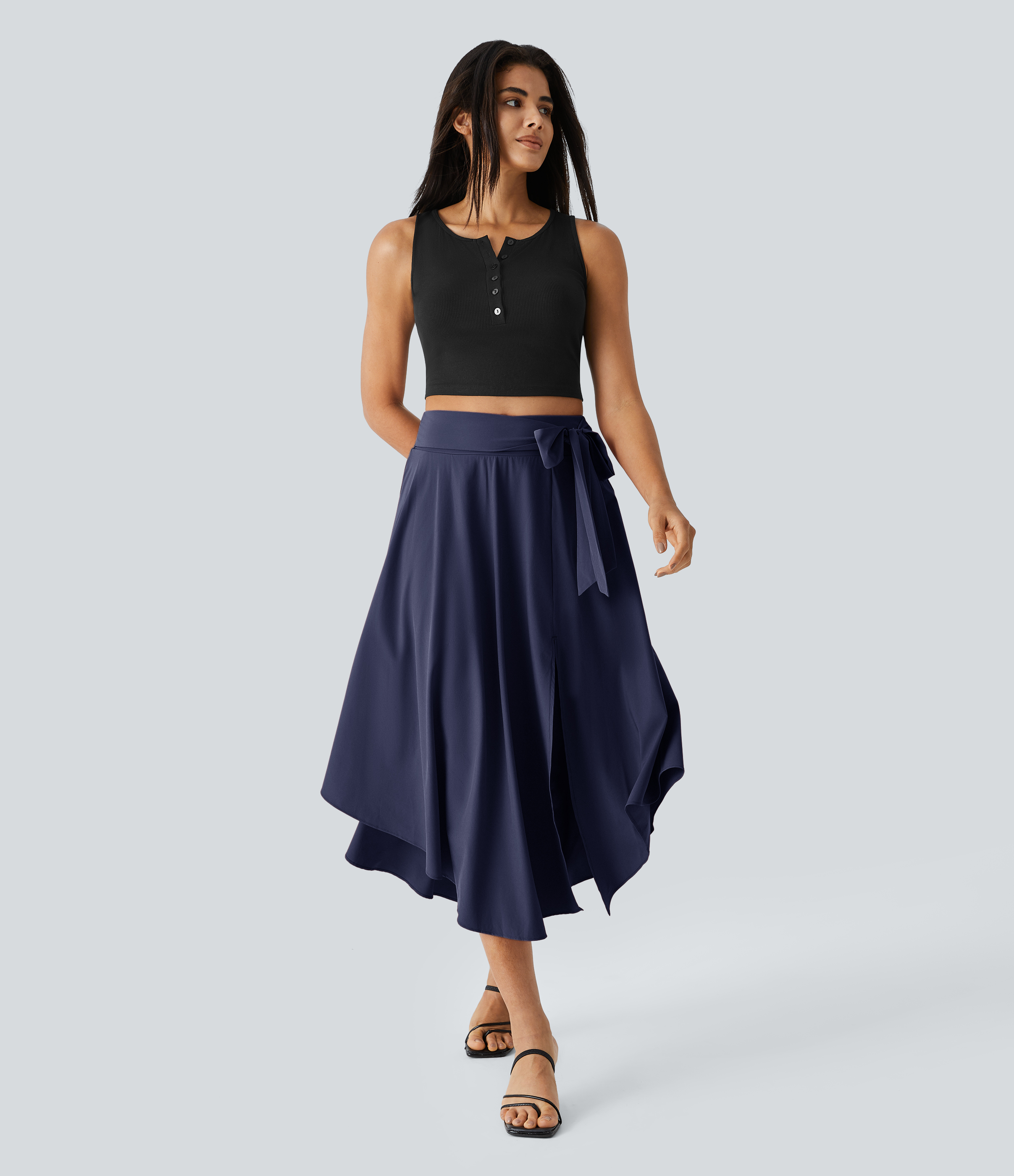 Halara Breezefulв„ў High Waisted Tie Side Split 2-in-1 Curved Hem Flowy Flare Quick Dry Midi Casual Skirt  - Black Diamond Blue - M(regular) 