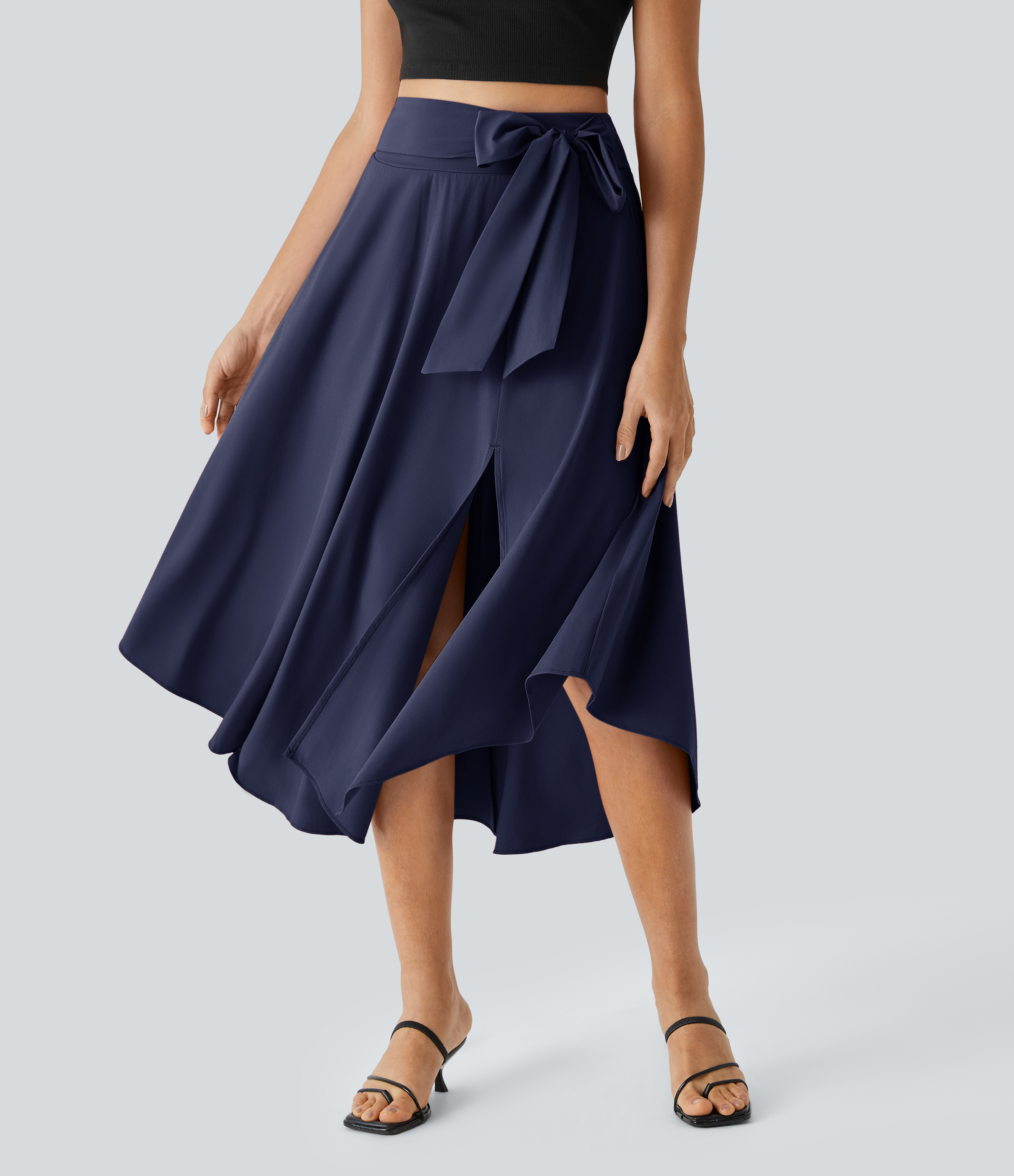 Halara Breezefulв„ў High Waisted Tie Side Split 2-in-1 Curved Hem Flowy Flare Quick Dry Midi Casual Skirt  - Black Diamond Blue - M(regular) 
