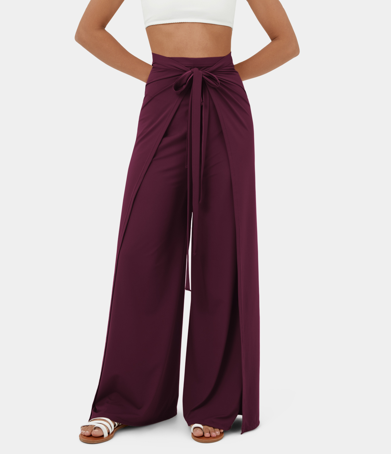 Women's High Waisted Tie Front Split Hem Palazzo Wide Leg Flowy Casual Pants  - Halara