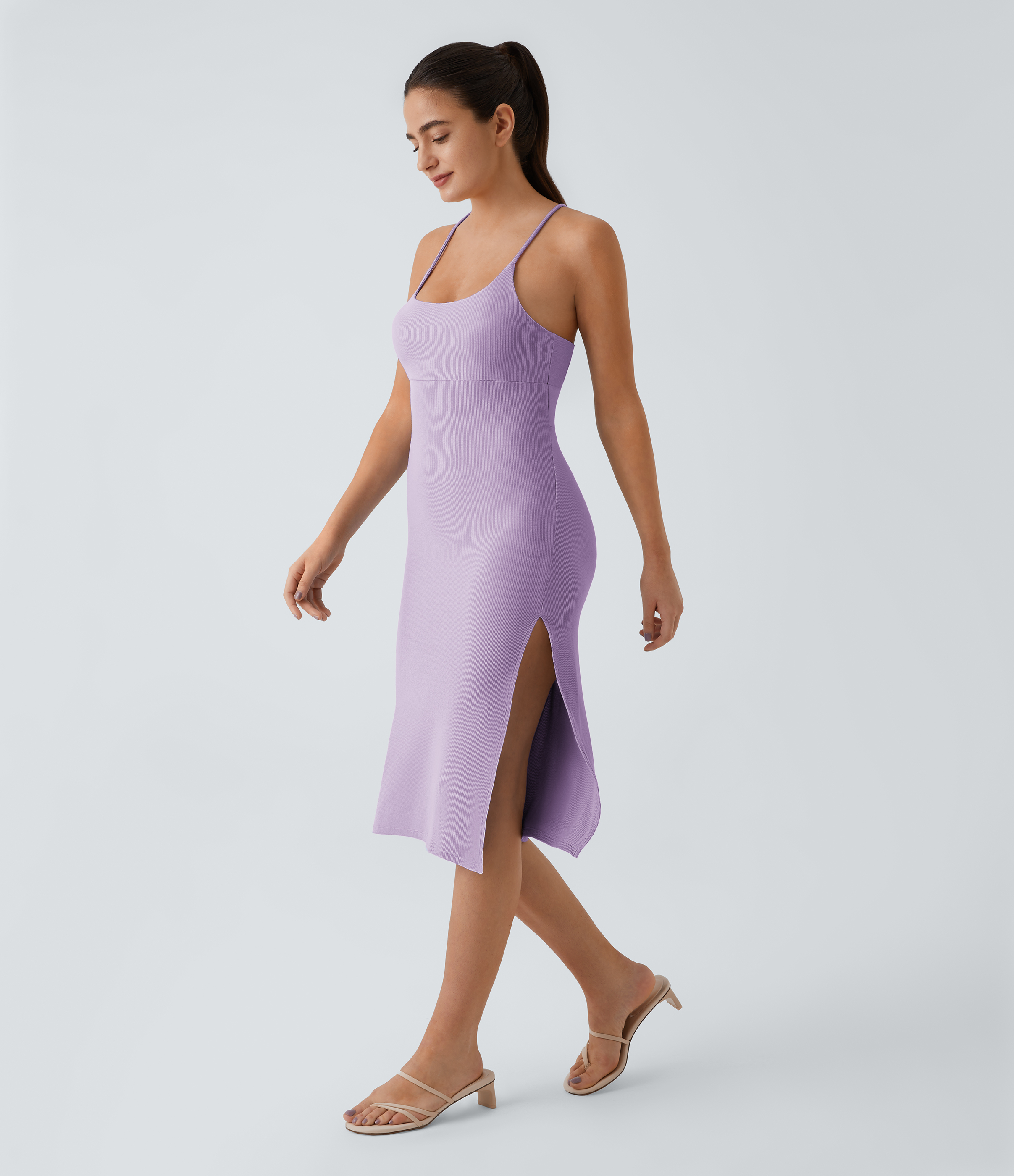 Halara Everyday Split Strap Bodycon Midi Chill Dress-Sensational Casual Dress - Light Purple - L slip dress beach dress ruched dress 