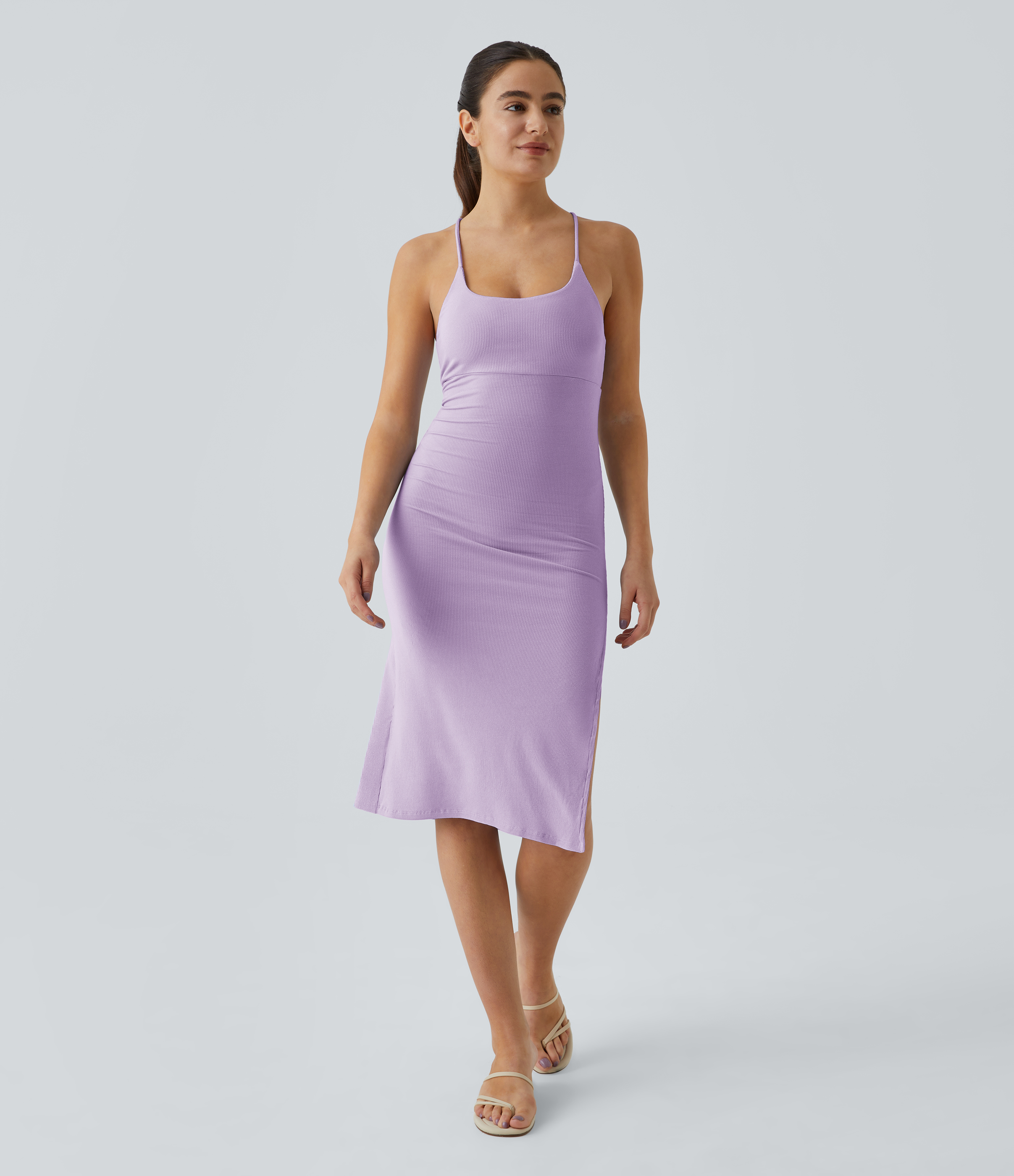 Halara Everyday Split Strap Bodycon Midi Chill Dress-Sensational Casual Dress - Light Purple - L slip dress beach dress ruched dress 