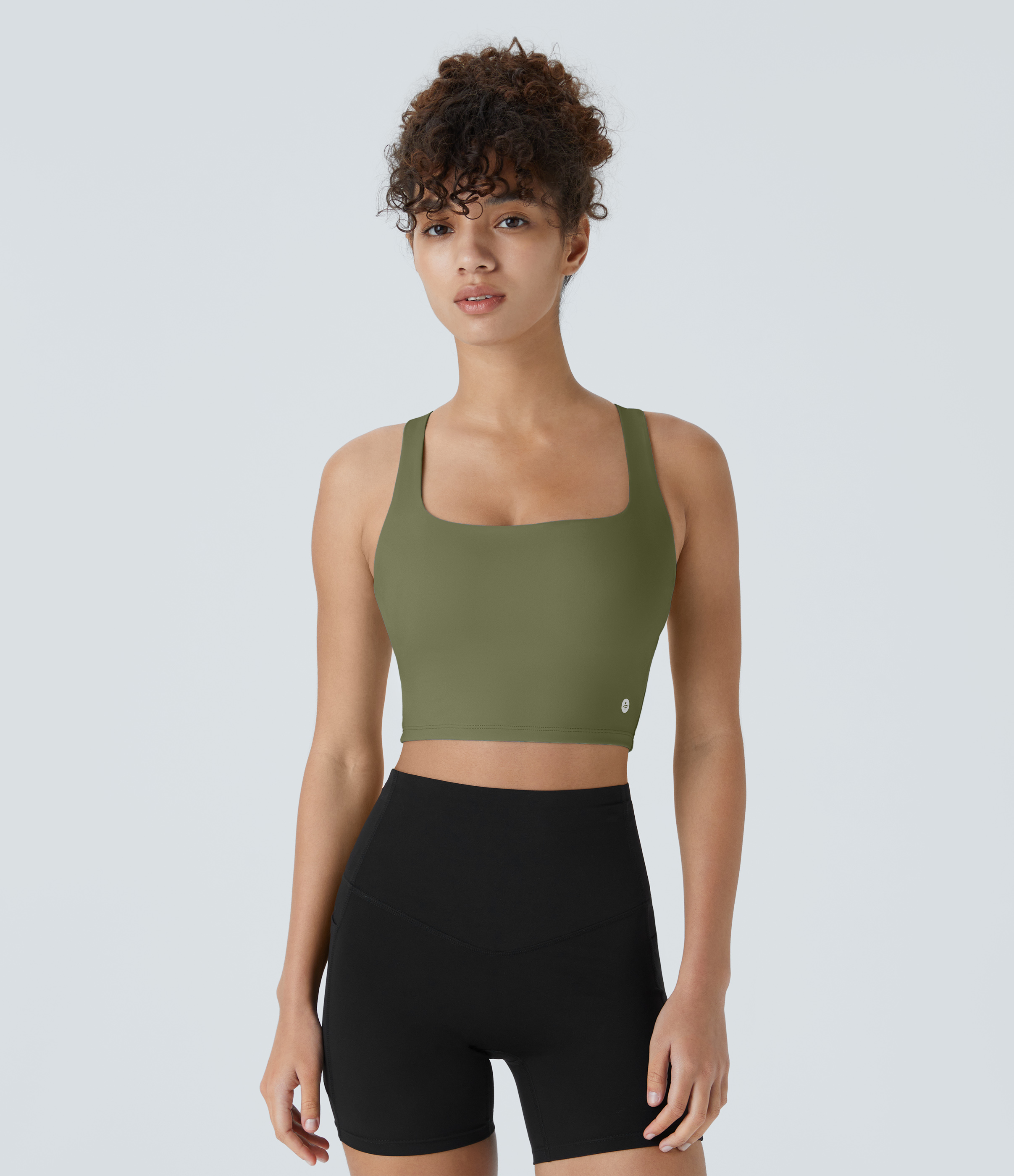 Halara Cloudfulв„ў Air Fabric Square Neck Backless Crisscross Cropped Cool Touch Yoga Tank Top Tank Top - Loden Green - M golf tops halter top 