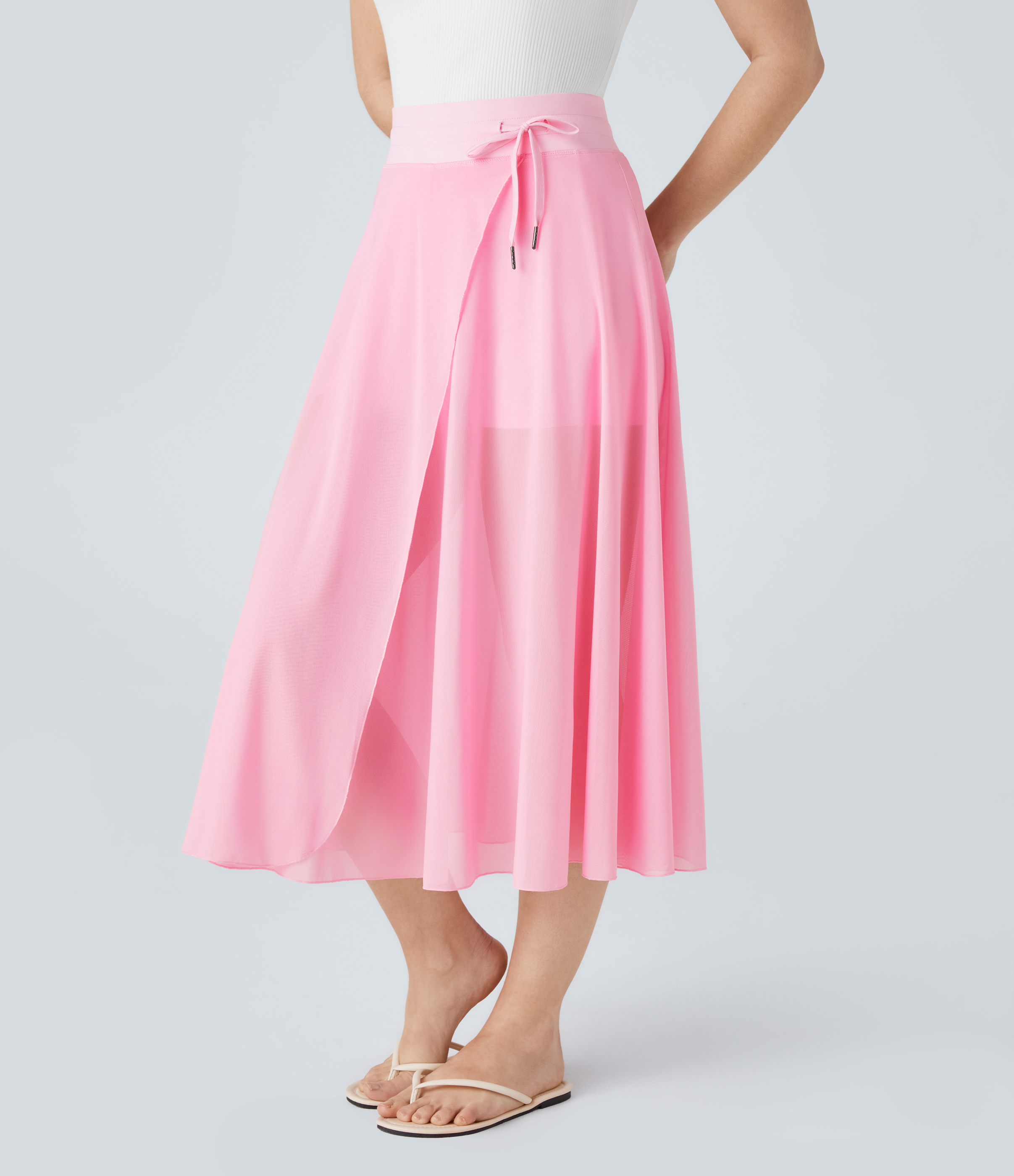 Halara High Waisted Drawstring Contrast Mesh 2-in-1 Side Pocket Flowy Midi Flare Casual Skirt  - Pink-a-boo - M midi skirt a line skirt 