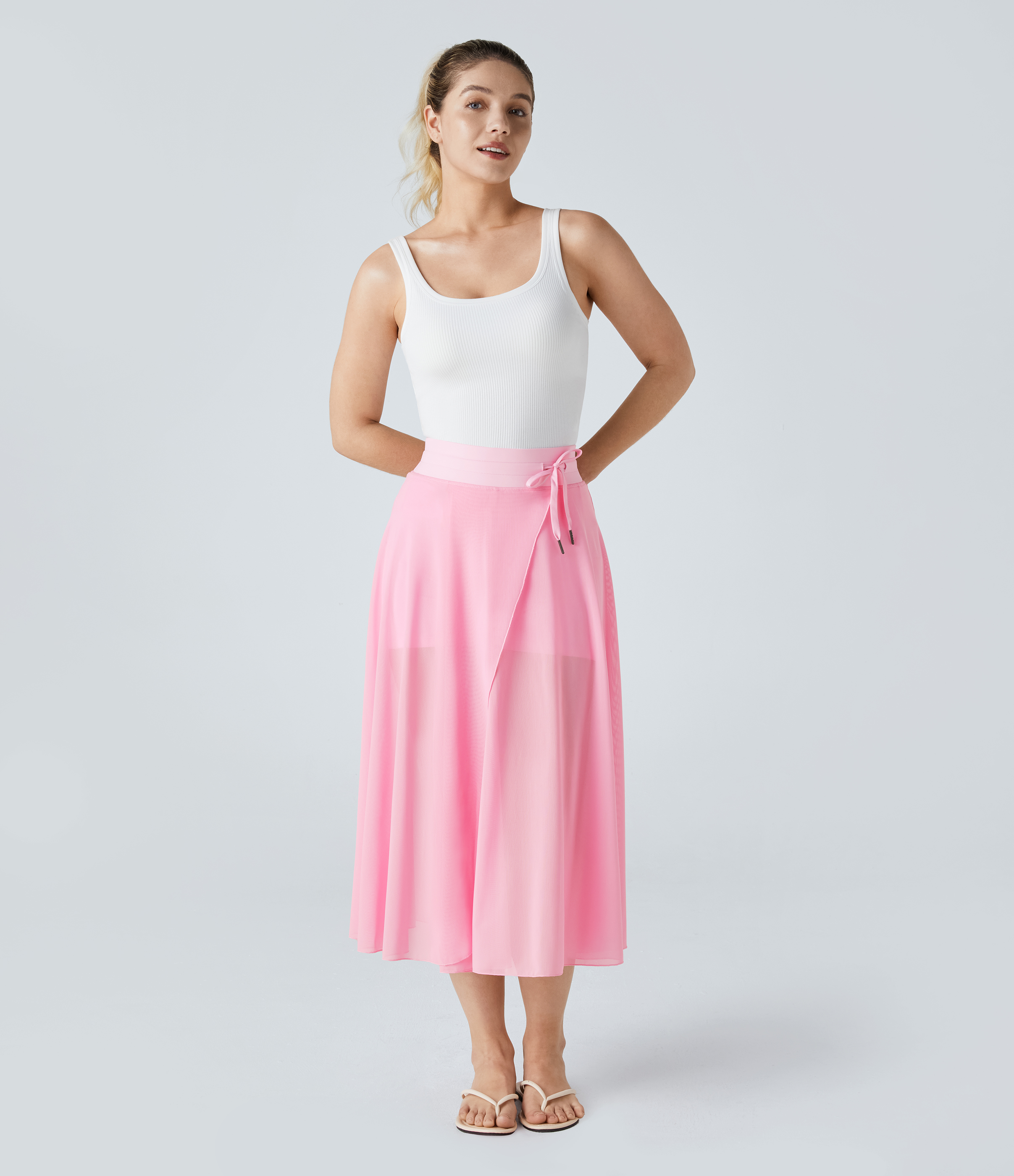 Halara High Waisted Drawstring Contrast Mesh 2-in-1 Side Pocket Flowy Midi Flare Casual Skirt  - Pink-a-boo - M midi skirt a line skirt 