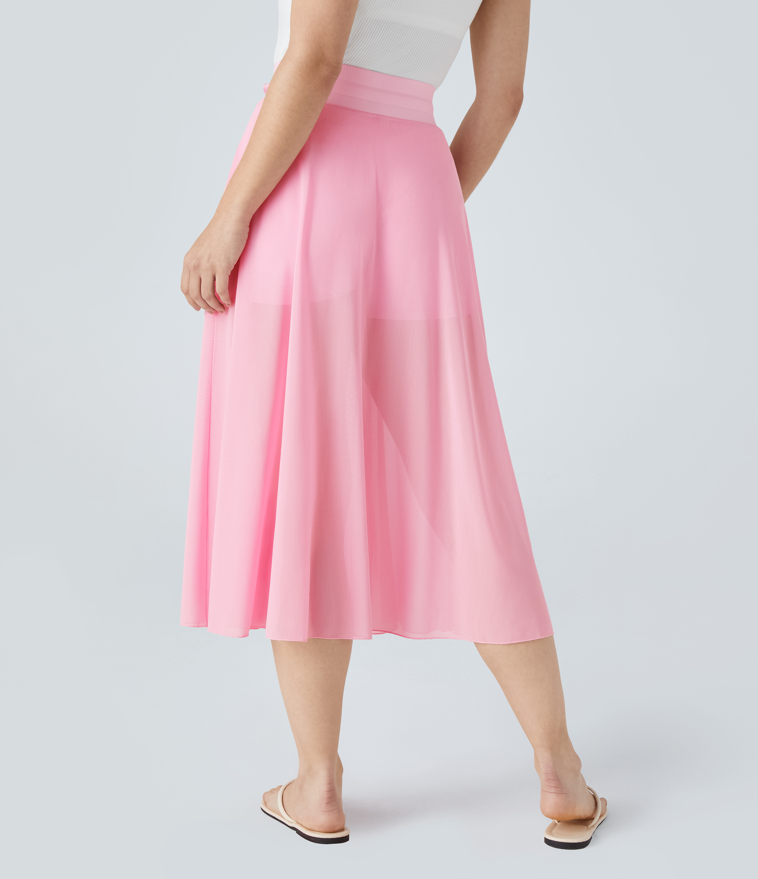 Halara High Waisted Drawstring Contrast Mesh 2-in-1 Side Pocket Flowy Midi Flare Casual Skirt  - Pink-a-boo - M midi skirt a line skirt 