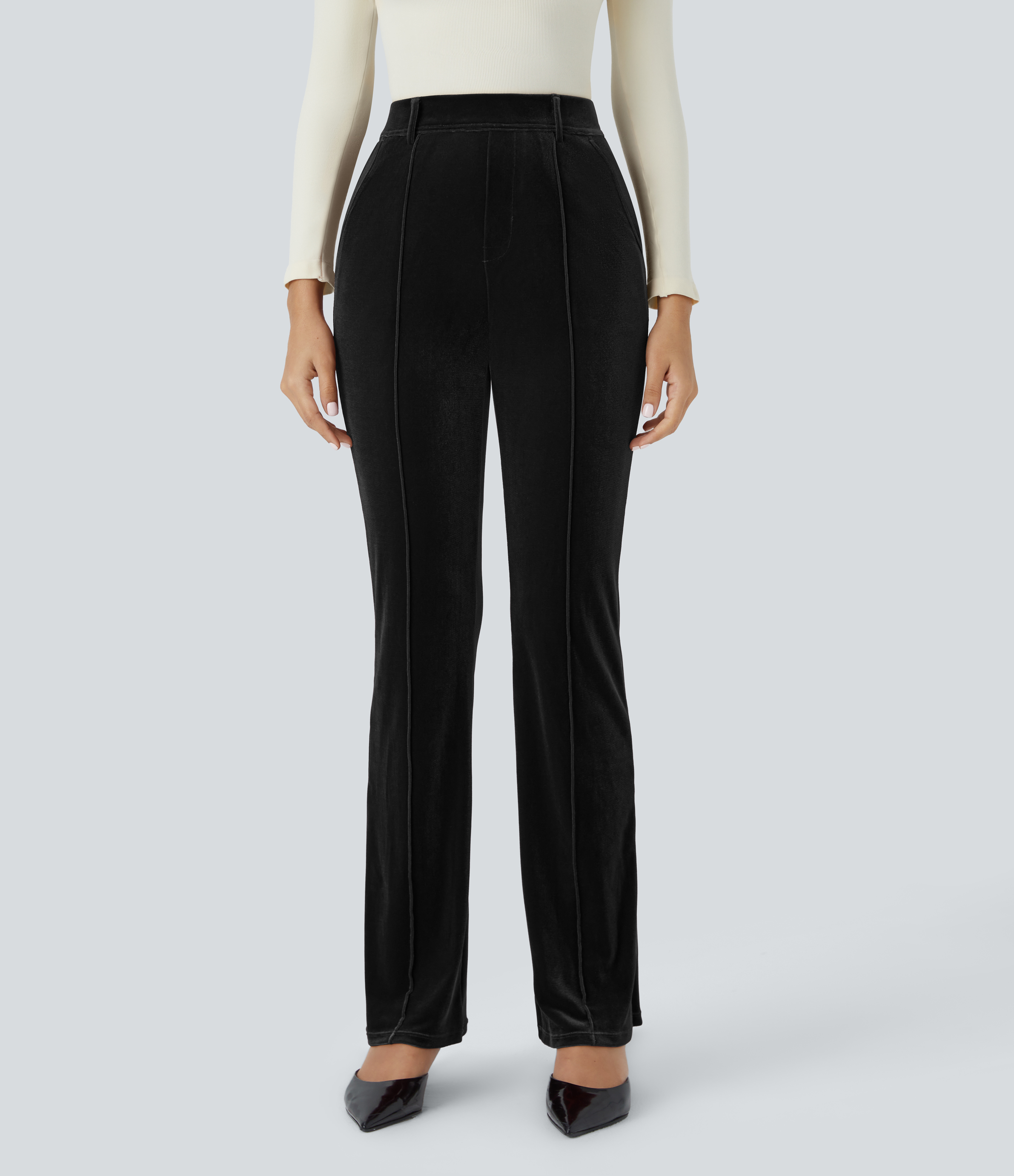 Halara High Waisted Side Pocket Slight Flare Velvet Work Pants  - Black - XL(regular) sweatpants jogger pants stacked sweatpants 