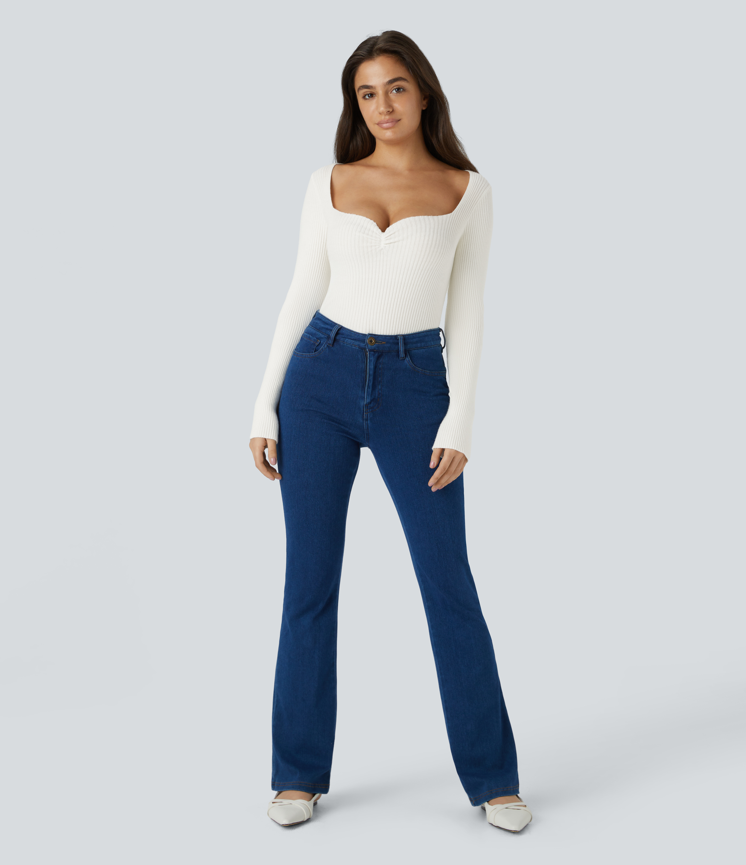 Halara Sweetheart Neck Long Sleeve Slim Casual Sweater  - White - XS 