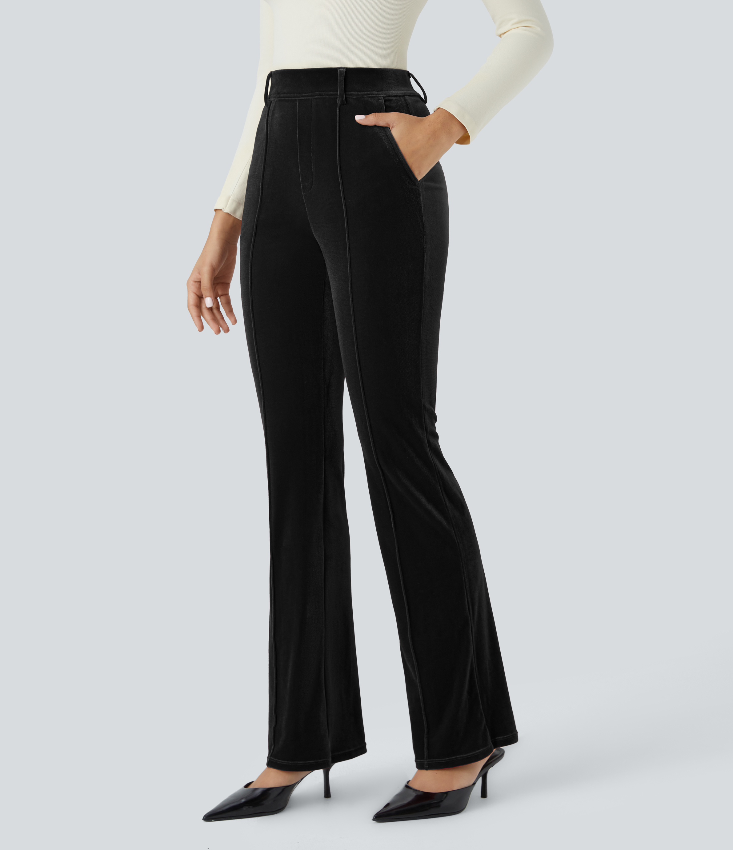 Halara High Waisted Side Pocket Slight Flare Velvet Work Pants  - Black - XL(regular) sweatpants jogger pants stacked sweatpants 