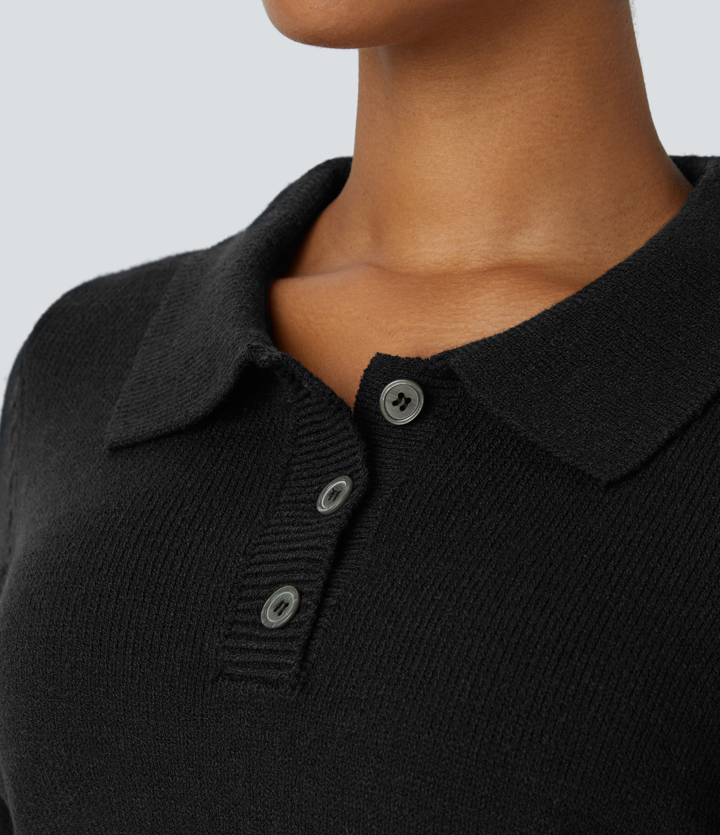 Halara Collared Button Front Long Sleeve Casual Sweater  - Black - S 