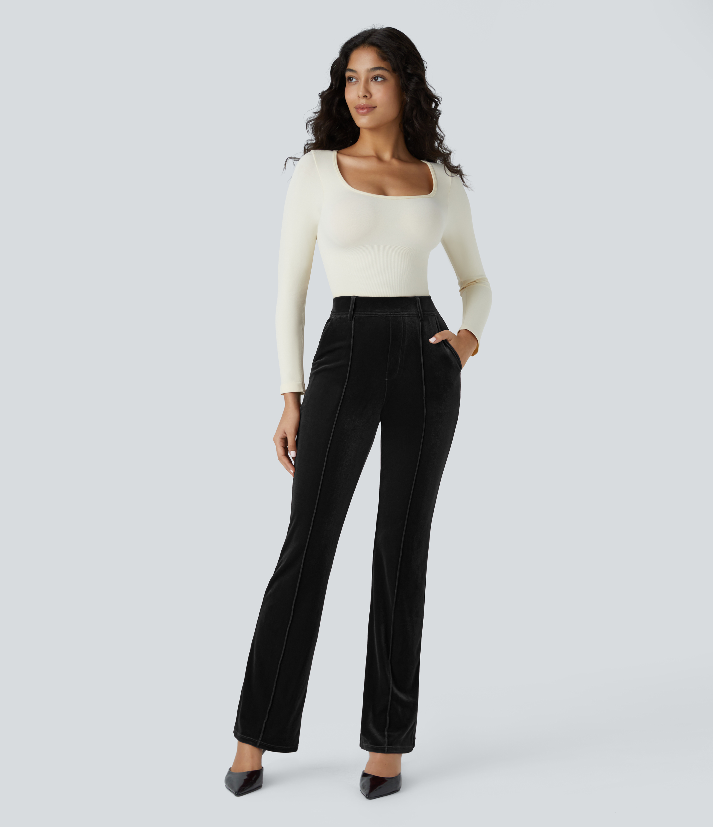 Halara High Waisted Side Pocket Slight Flare Velvet Work Pants  - Black - XL(regular) sweatpants jogger pants stacked sweatpants 