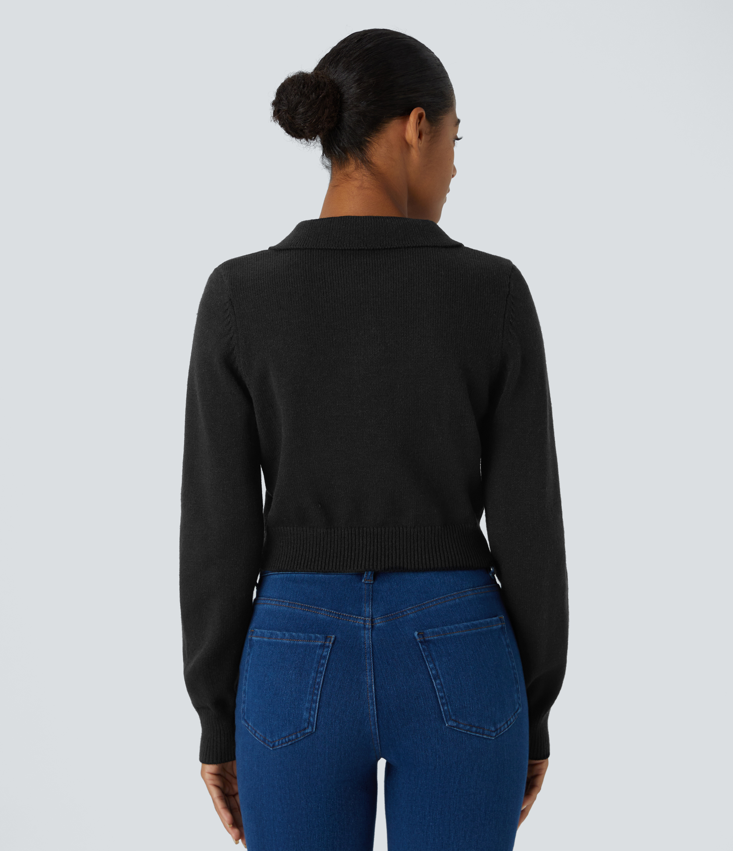 Halara Collared Button Front Long Sleeve Casual Sweater  - Black - S 