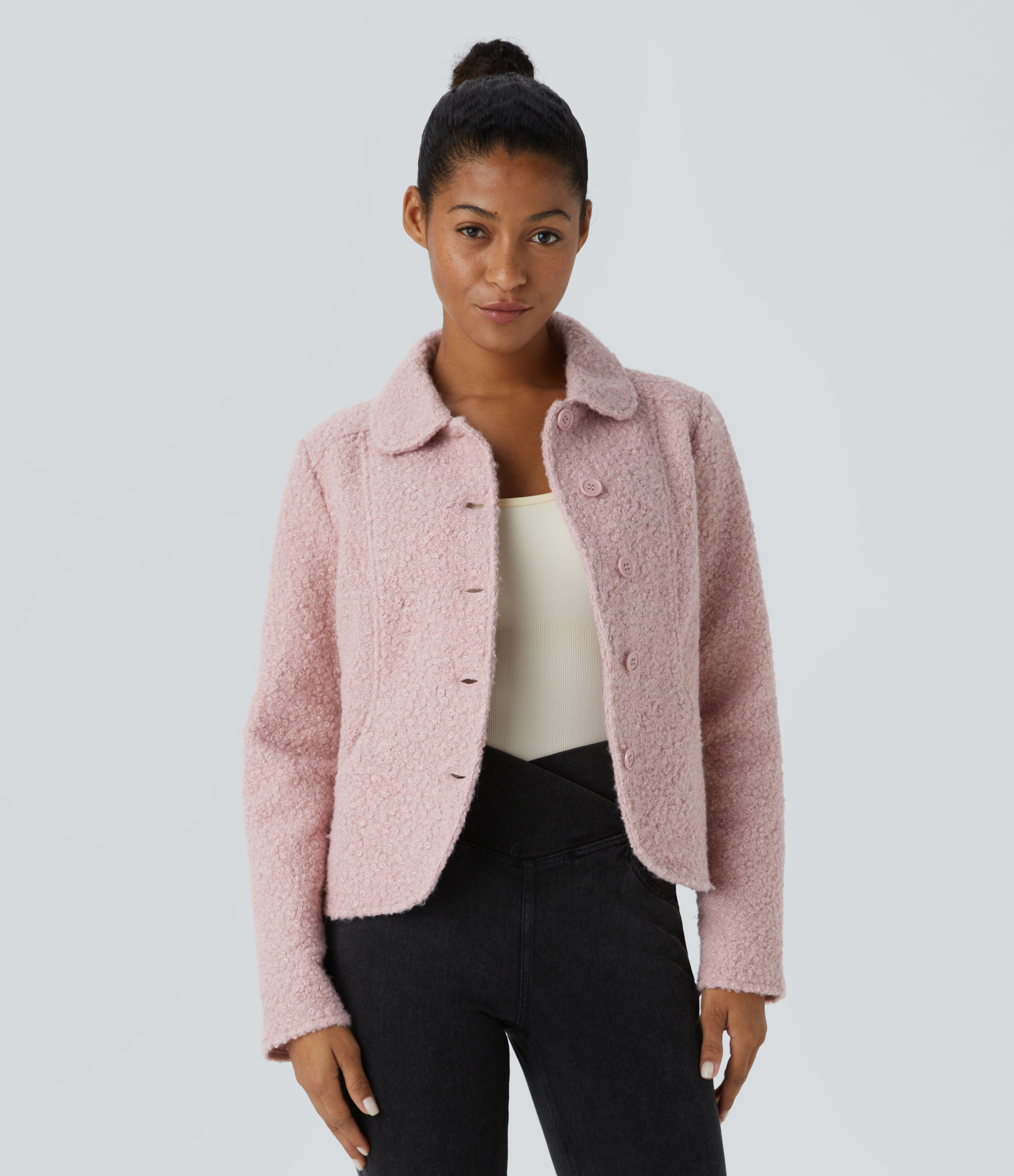 Halara Collared Long Sleeve Side Pocket Button Front Relaxed Casual Teddy Jacket - Dirty Pink - L