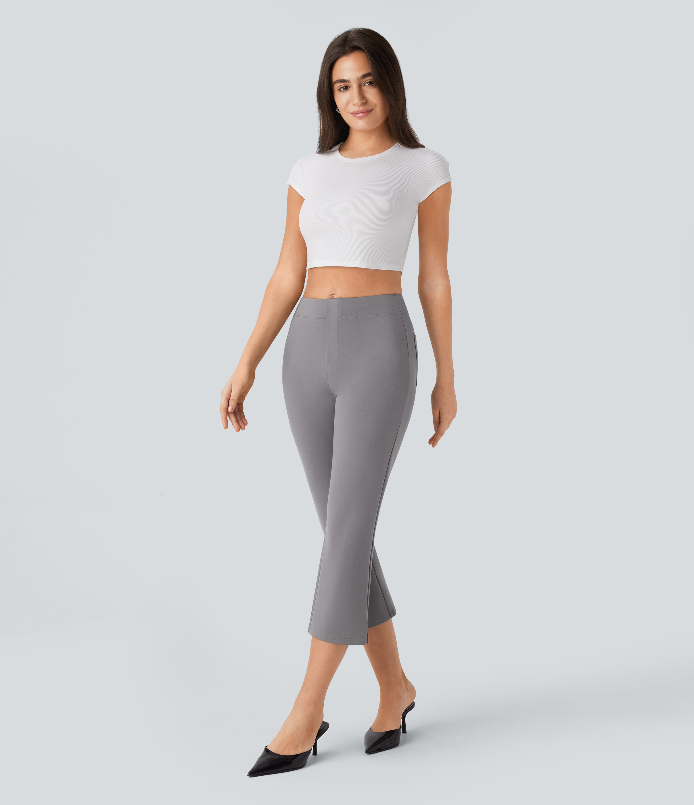 Halara Halara Flexв„ў Mid Rise Back Side Pocket Split Slight Flare Capri Work Pants  - Putty Gray - S(regular) sweatpants jogger pants 