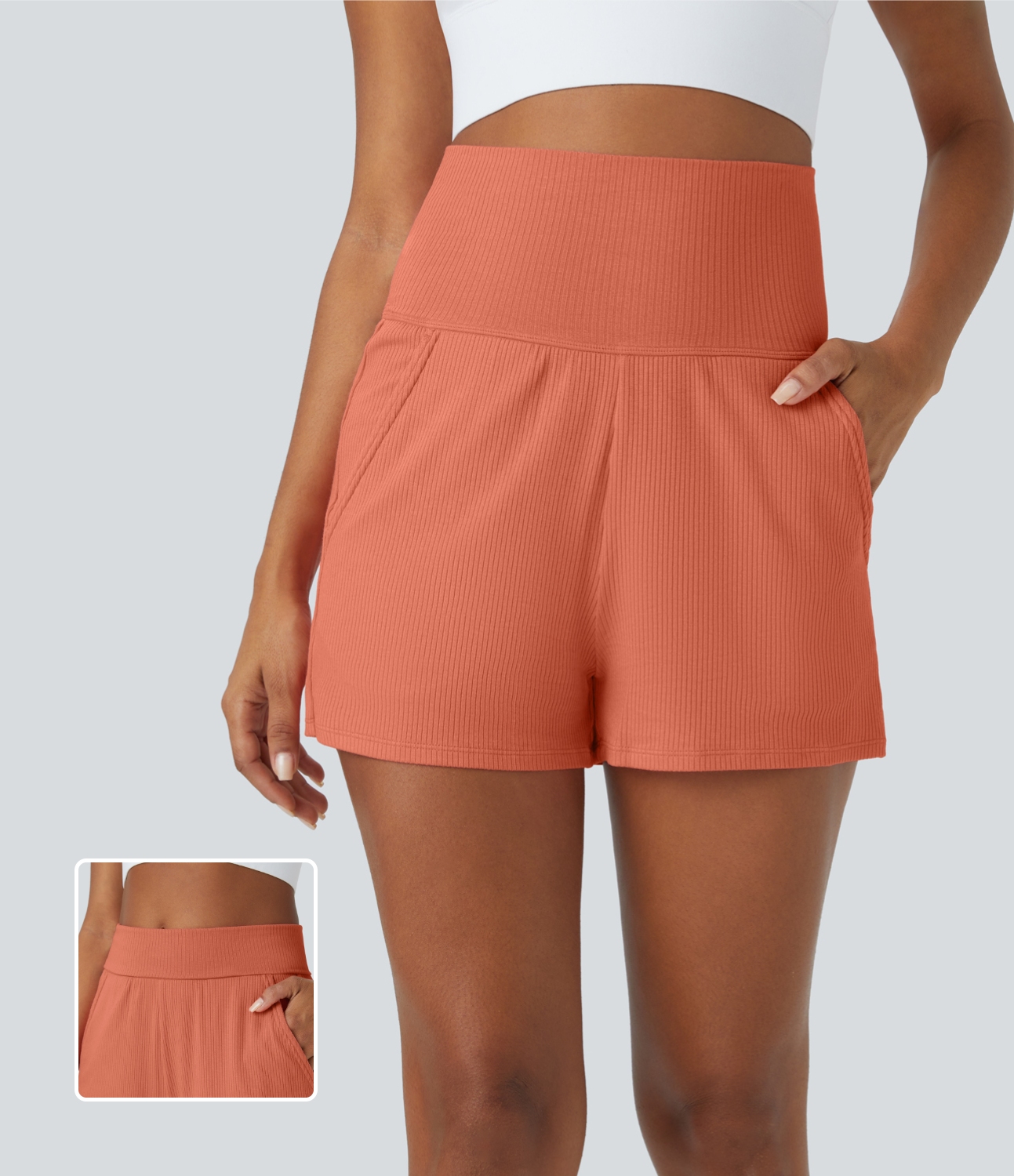 Halara Ribbed Knit Super High Waisted Foldover Side Pocket Casual Shorts 2.5``  - Salmon - L 