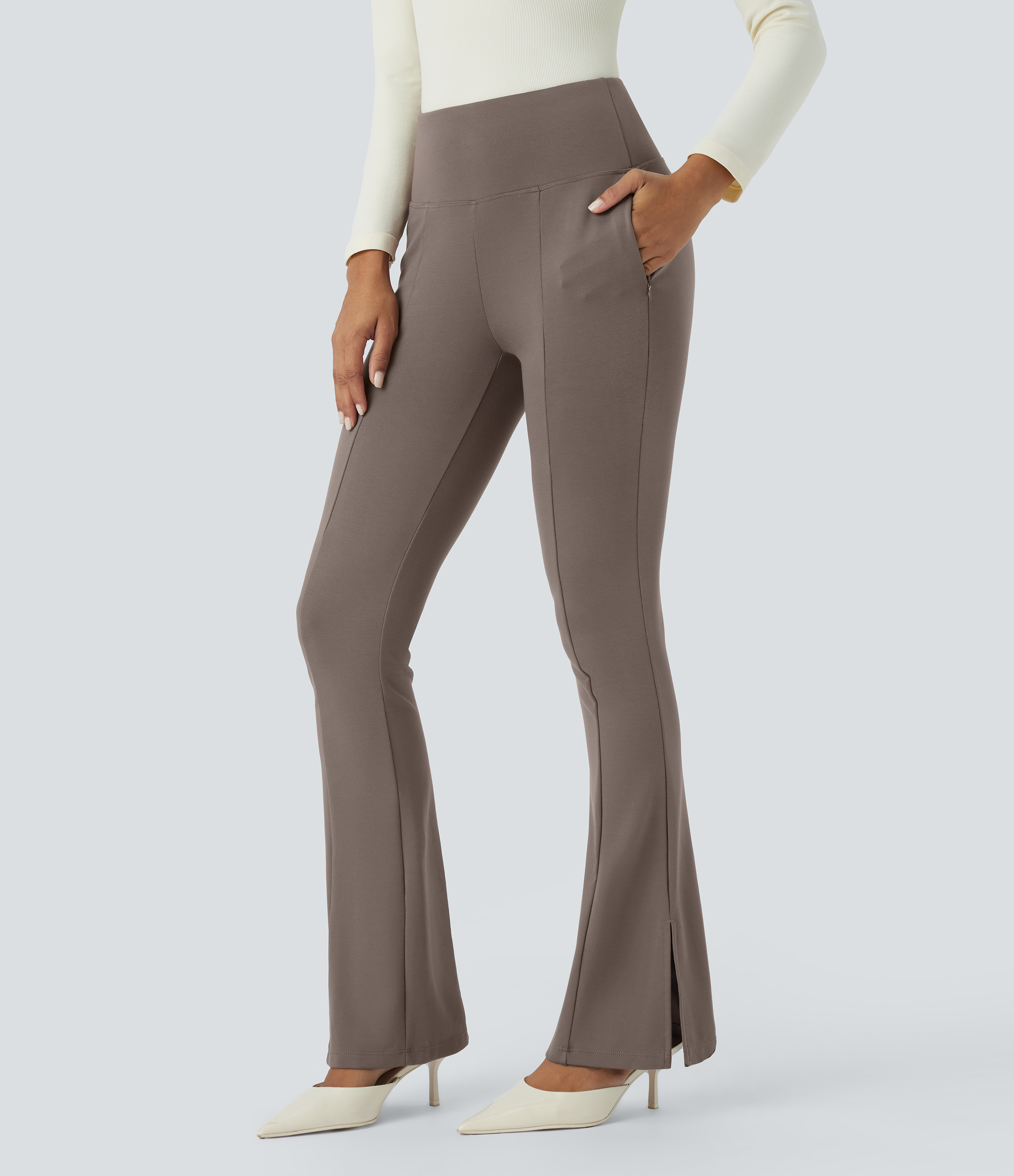 Halara Mid Rise Side Zip Pocket Split Hem Slight Flare Work Pants  - Iron - S(regular) sweatpants jogger pants stacked sweatpants 