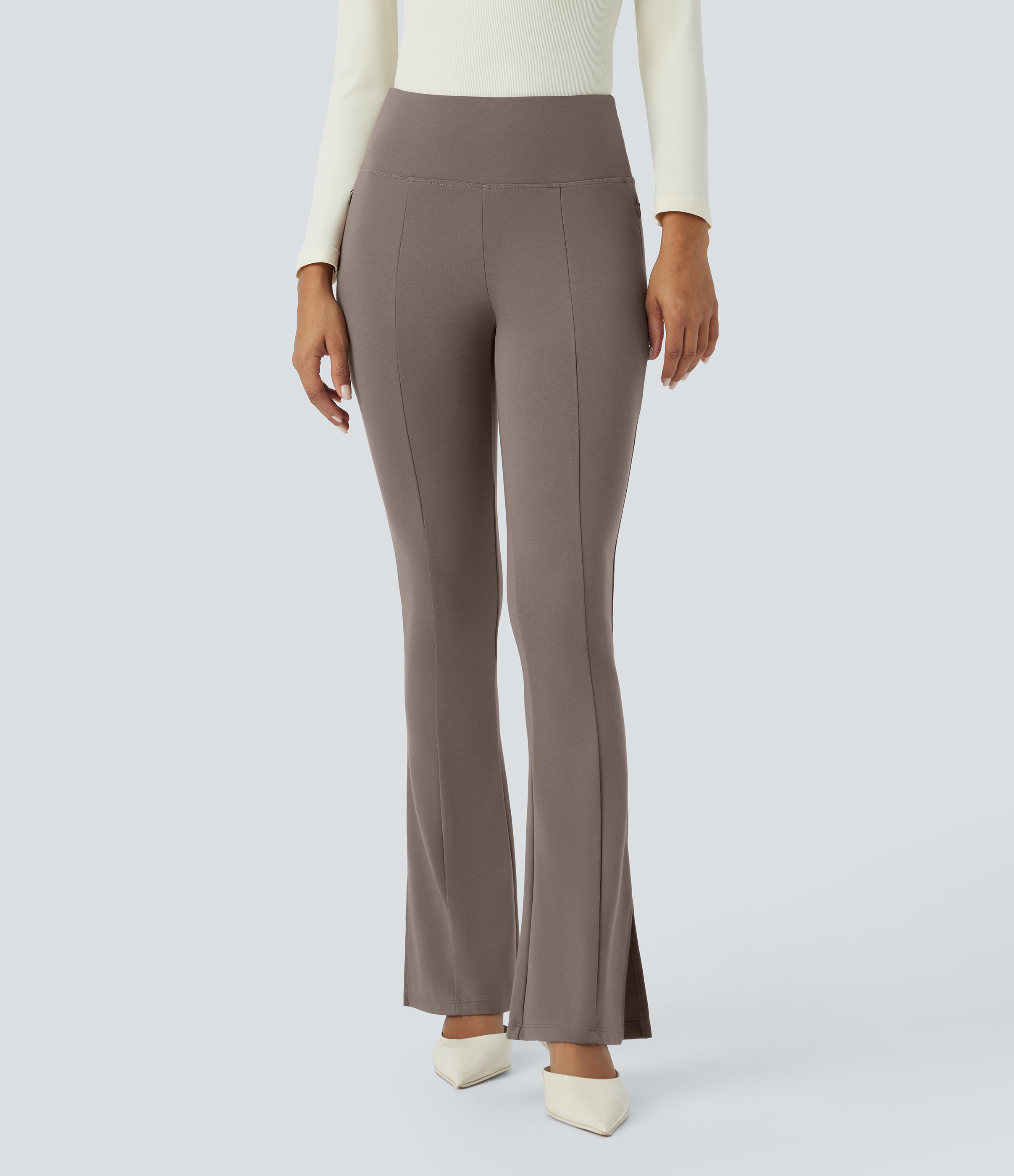 Halara Mid Rise Side Zip Pocket Split Hem Slight Flare Work Pants  - Iron - S(regular) sweatpants jogger pants stacked sweatpants 