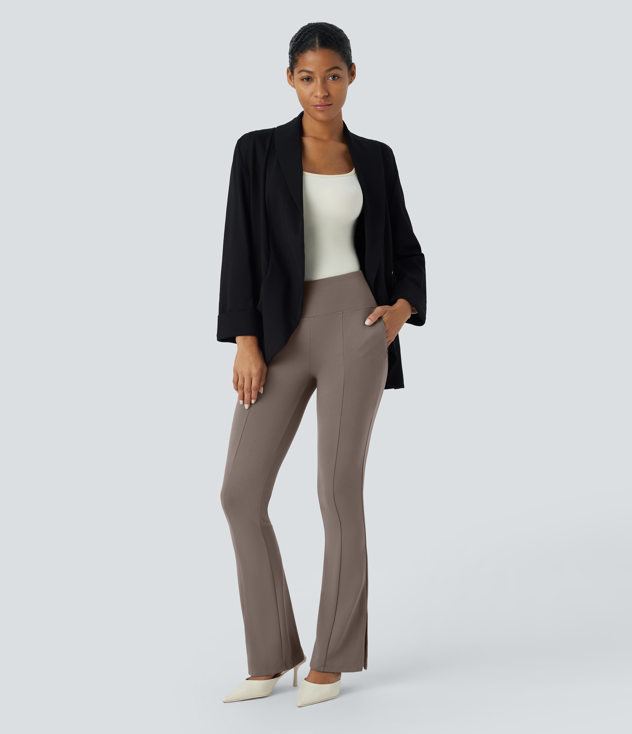 Halara Mid Rise Side Zip Pocket Split Hem Slight Flare Work Pants  - Iron - S(regular) sweatpants jogger pants stacked sweatpants 