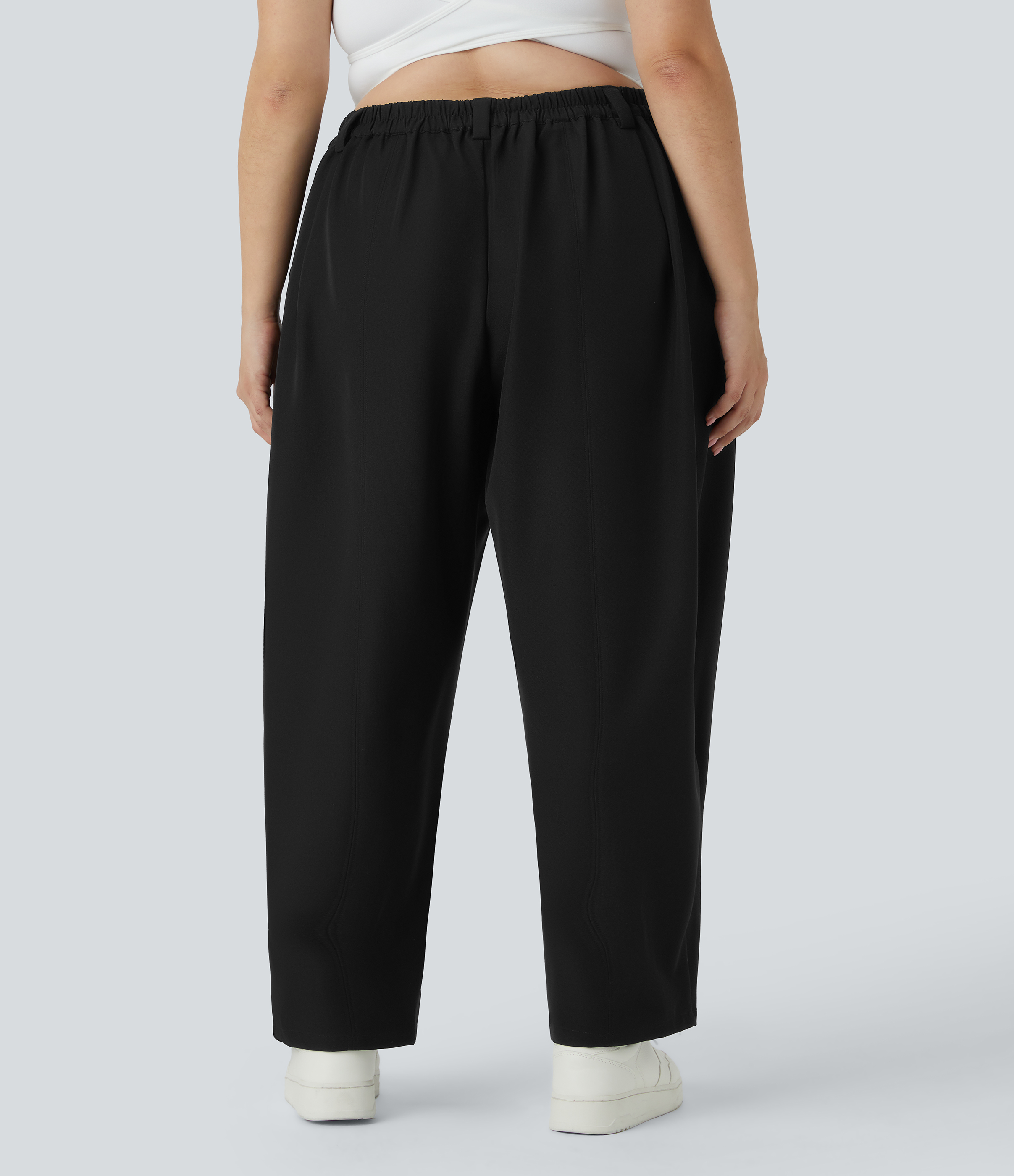 Negro Pantalón oficina tiro medio bolsillo lateral plisado pierna ancha talla grande / 2