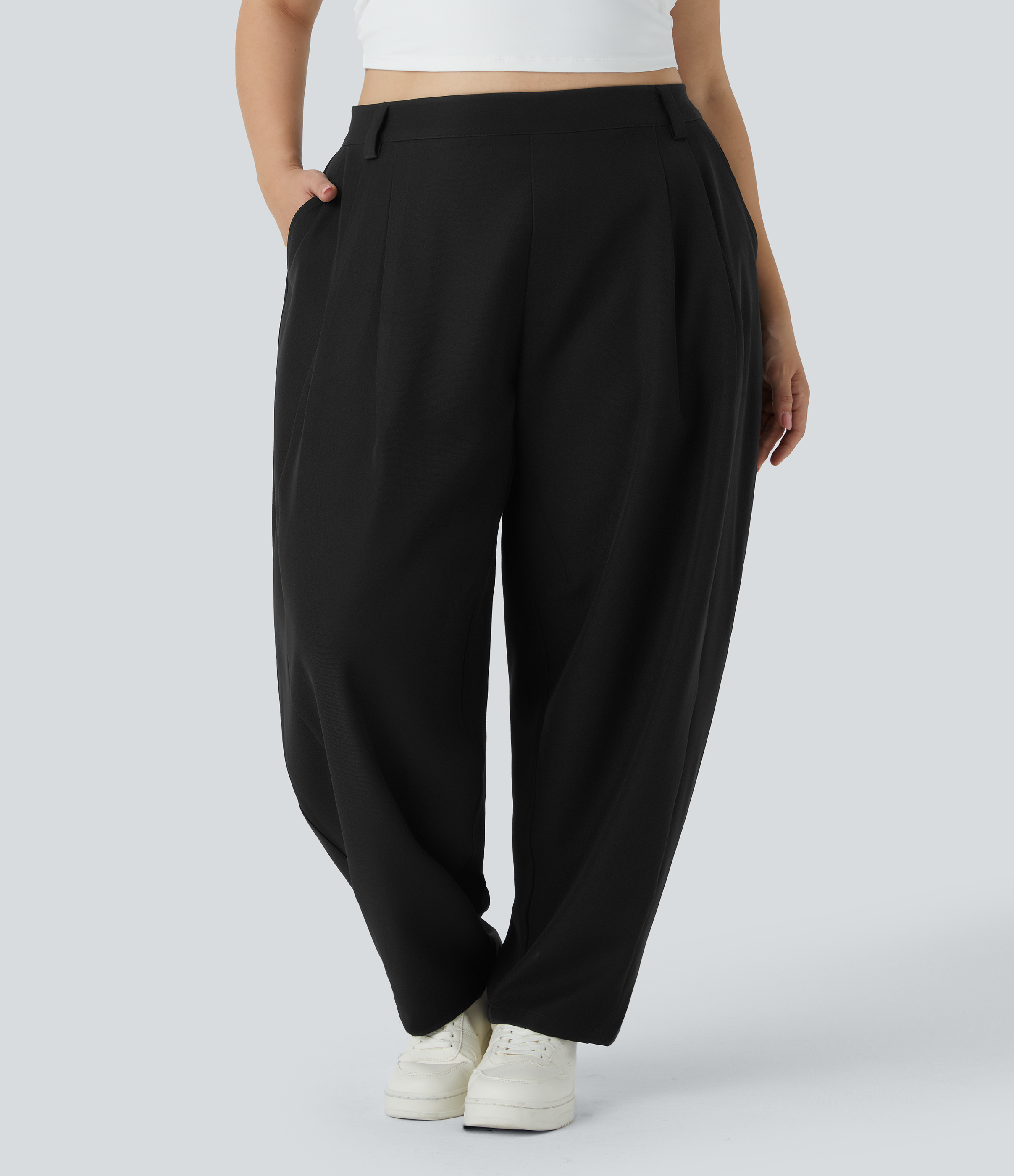 Negro Pantalón oficina tiro medio bolsillo lateral plisado pierna ancha talla grande / 1