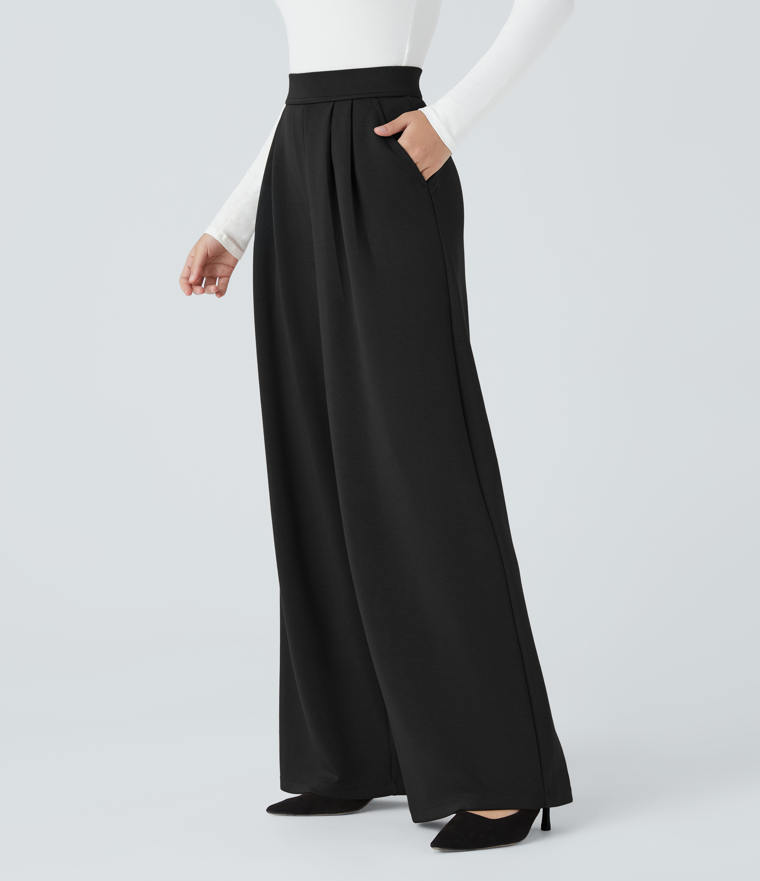 Halara High Waisted Plicated Side Pocket Wide Leg Work Pants  - Black - XL(regular) sweatpants jogger pants stacked sweatpants cargo joggers 