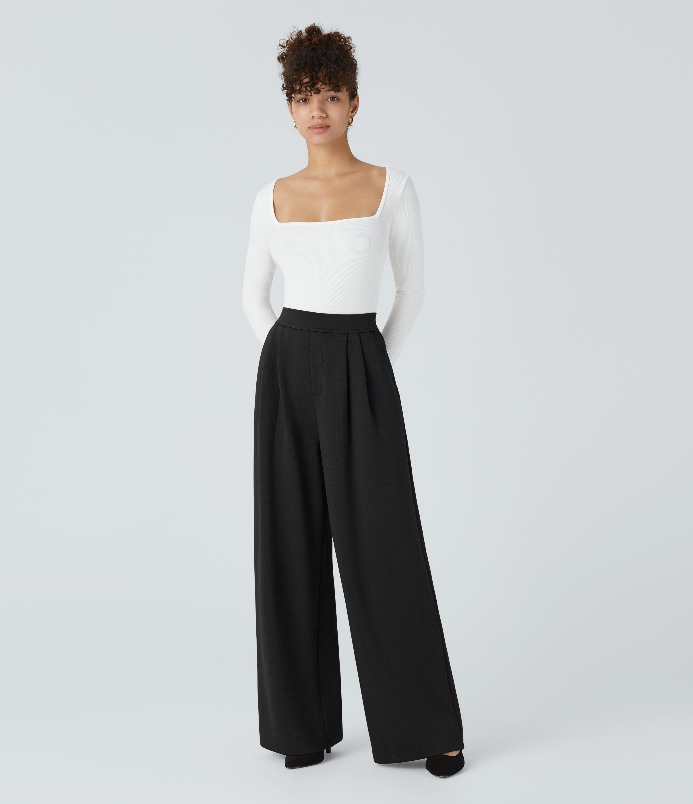 Halara High Waisted Plicated Side Pocket Wide Leg Work Pants  - Black - XL(regular) sweatpants jogger pants stacked sweatpants cargo joggers 