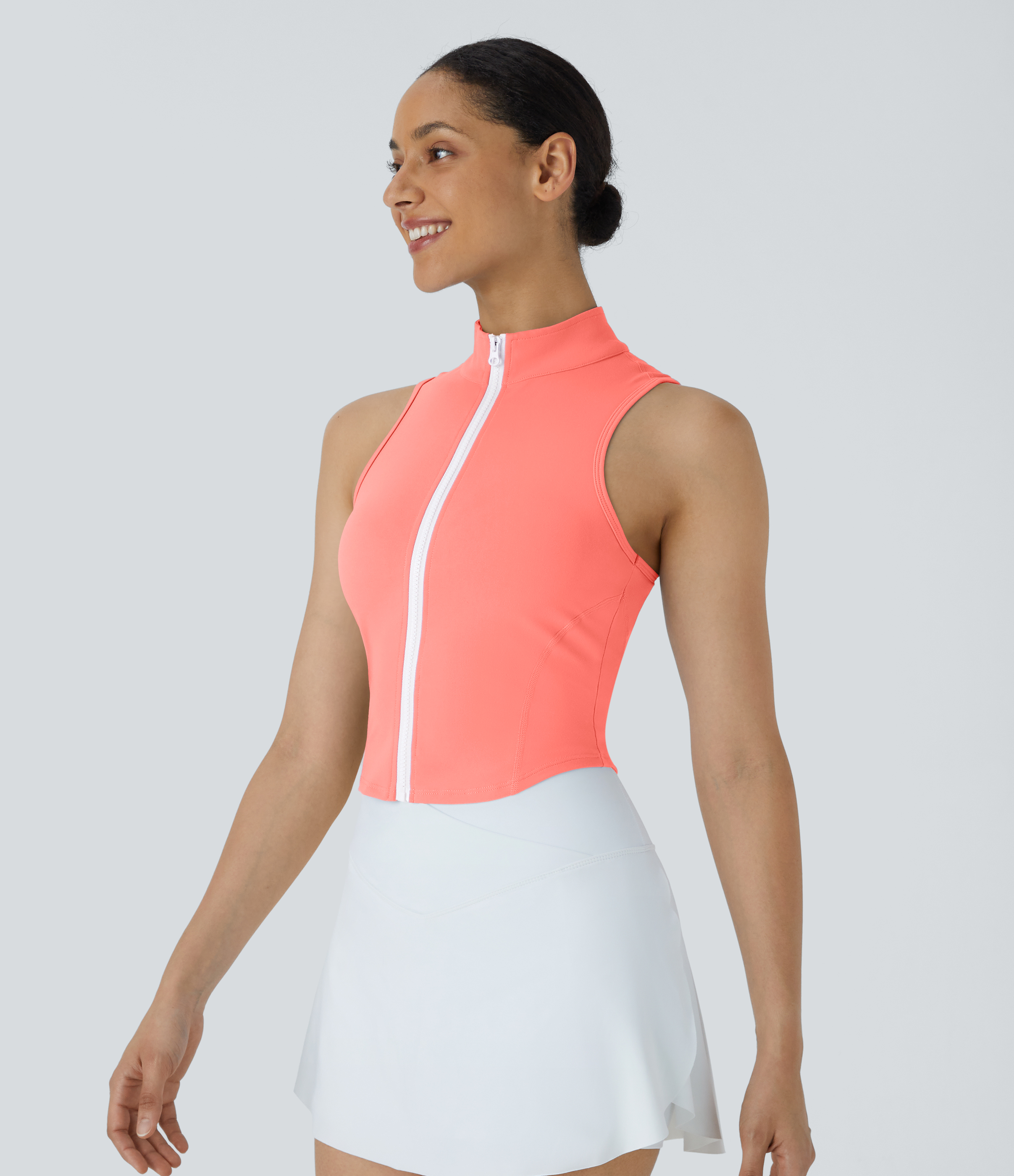 Halara Mock Neck Zip Front Sleeveless Cropped Tank Top Tank Top - Fusion Coral - M golf tops halter top tunic tops sleeveless tops 