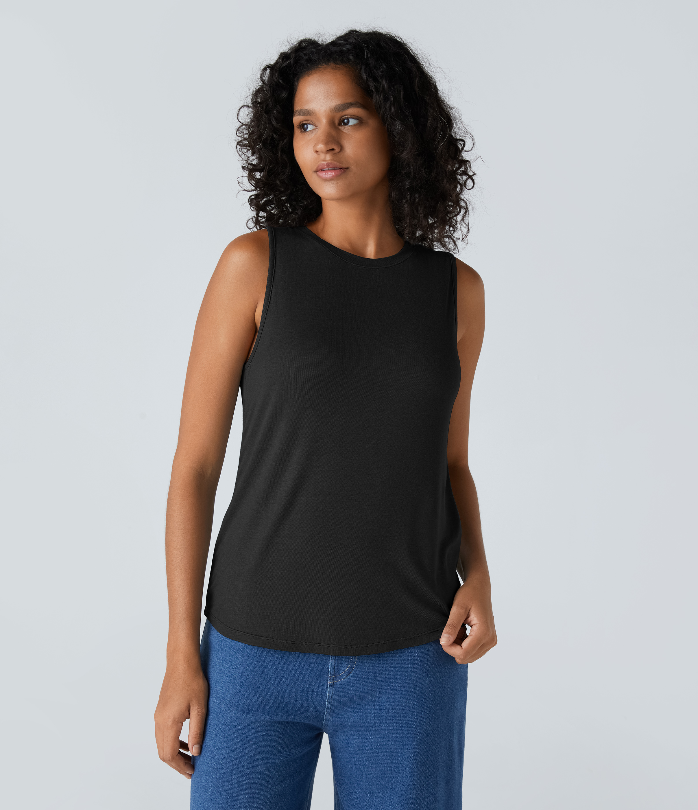Halara Ribbed Round Neck Basic Casual Tank Top Tank Top - Black - S golf tops halter top tunic tops sleeveless tops backless top 