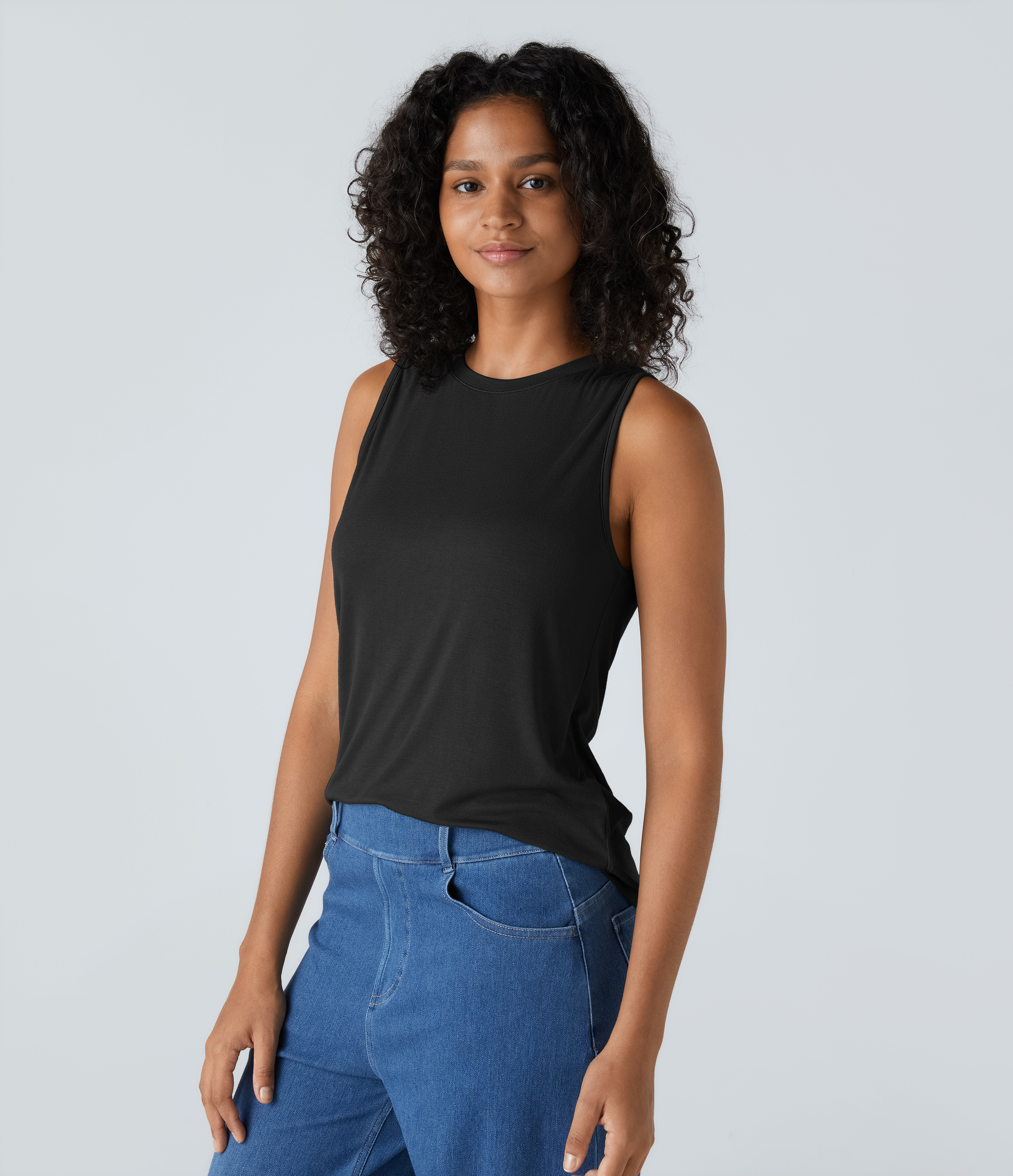 Halara Ribbed Round Neck Basic Casual Tank Top Tank Top - Black - S golf tops halter top tunic tops sleeveless tops backless top 