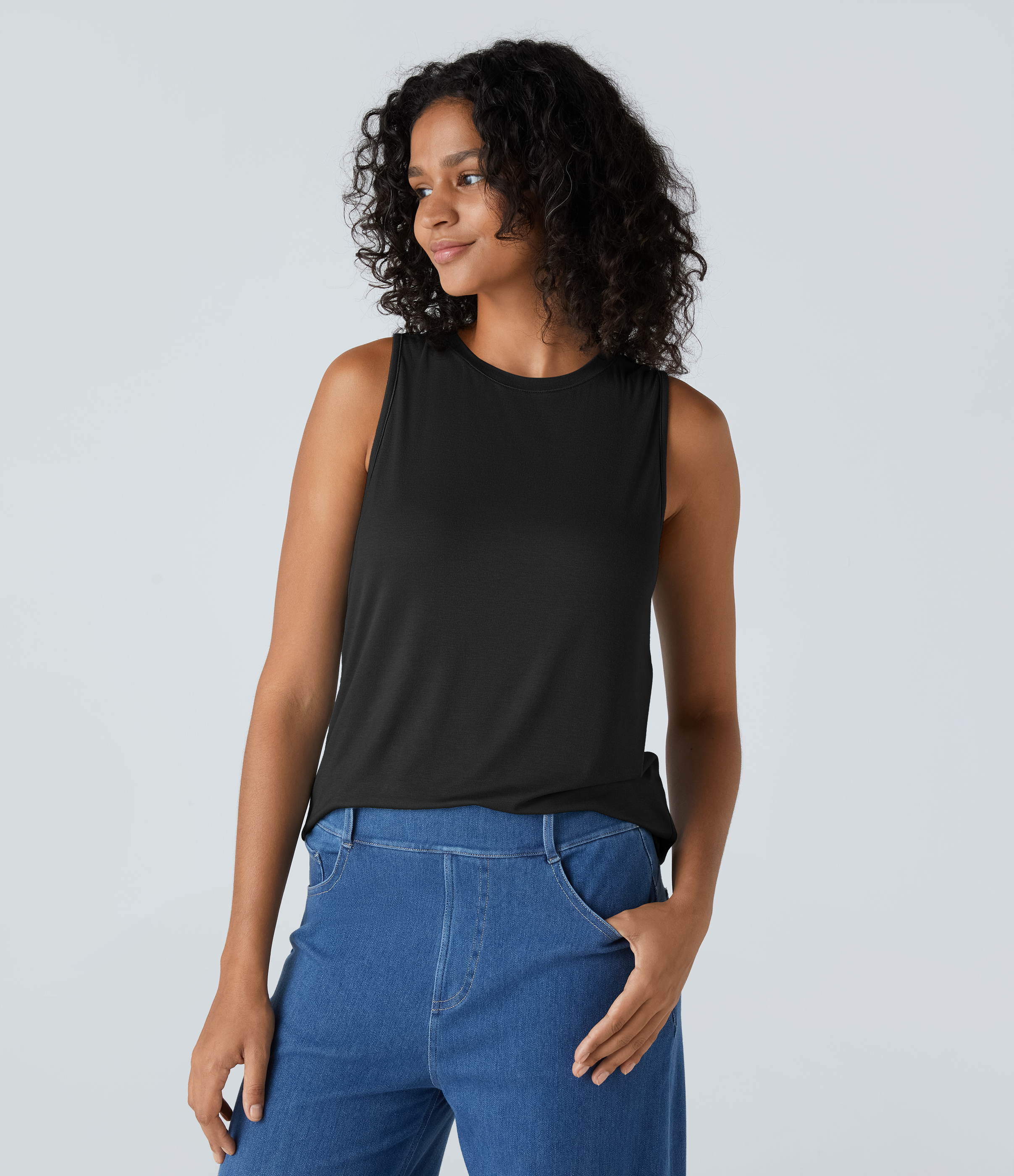 Halara Ribbed Round Neck Basic Casual Tank Top Tank Top - Black - S golf tops halter top tunic tops sleeveless tops backless top 