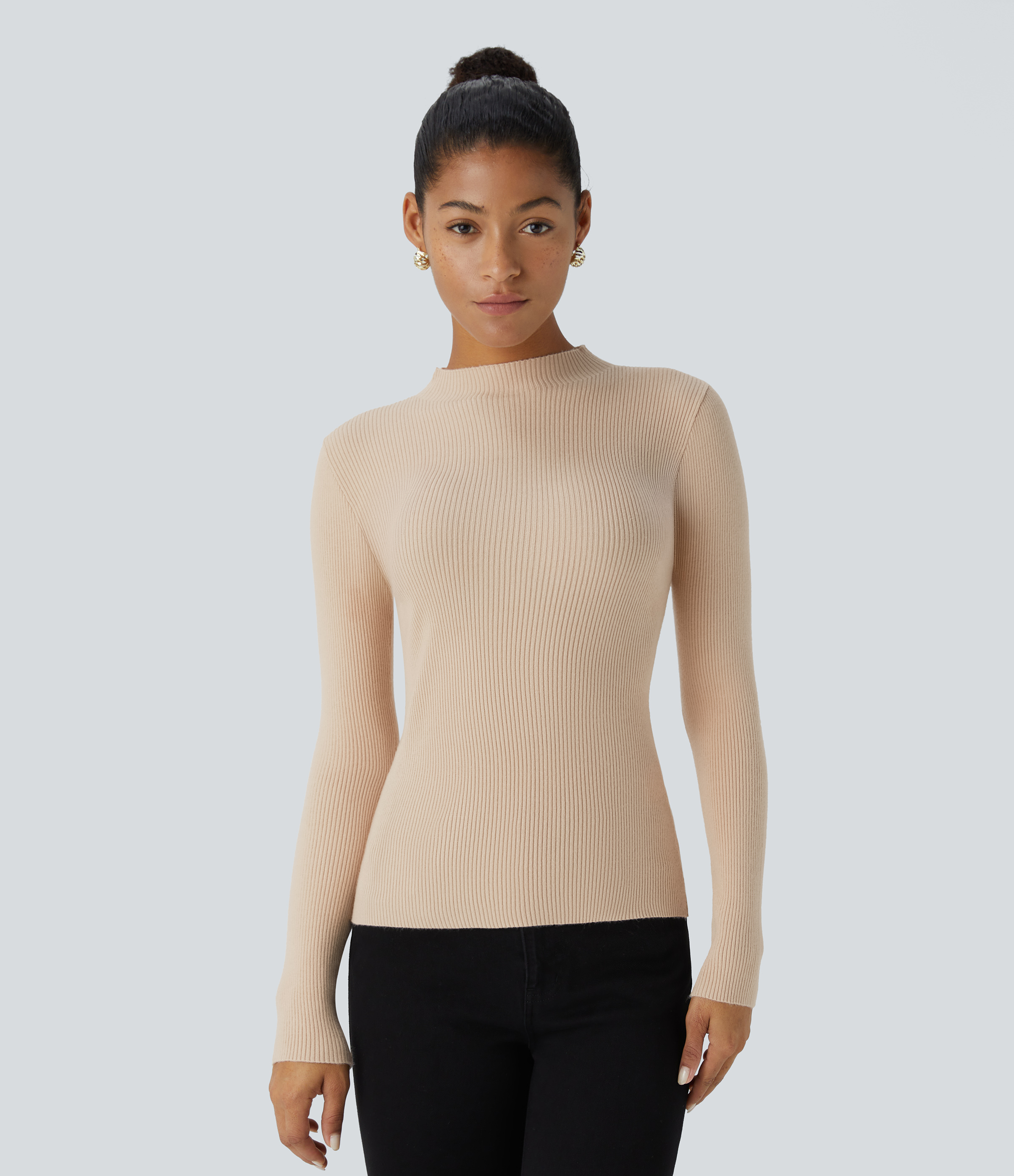 Halara Ribbed Knit Round Neck Long Sleeve Casual Sweater  - Smoke Gray - XL 