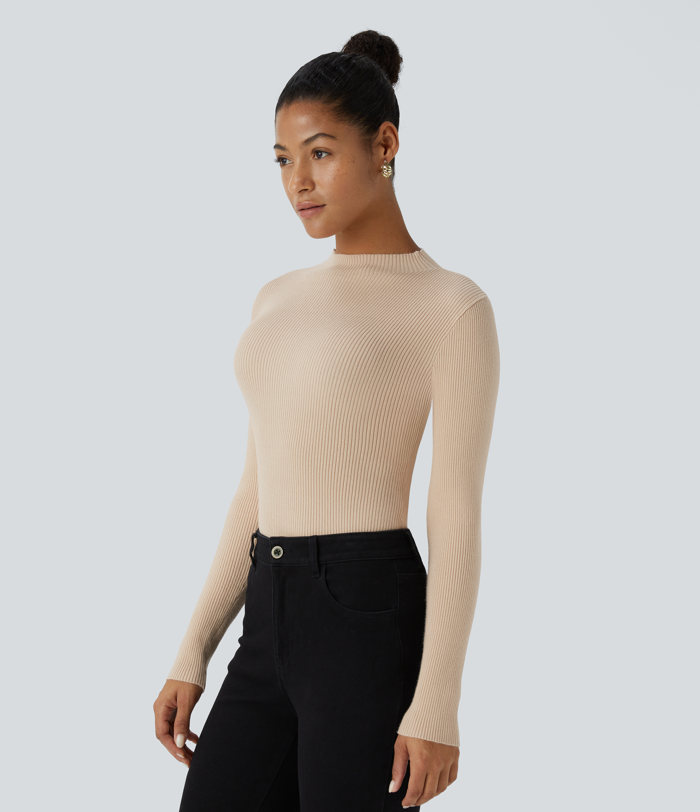 Halara Ribbed Knit Round Neck Long Sleeve Casual Sweater  - Smoke Gray - XL 