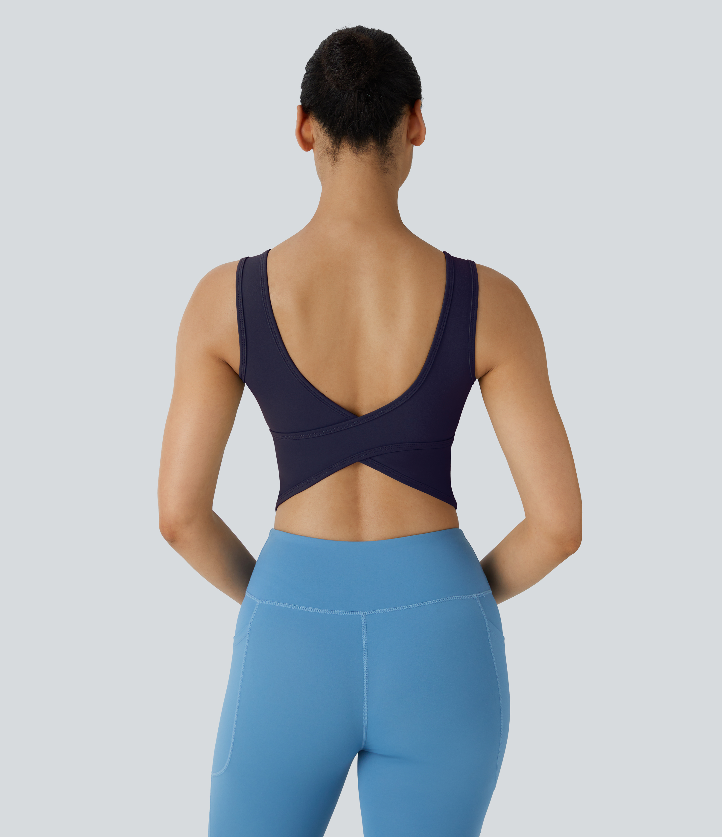 Halara U Neck Backless Crossover Barre Ballet Dance Tank Top Tank Top - Evening Blue - XS golf tops halter top tunic tops sleeveless tops 